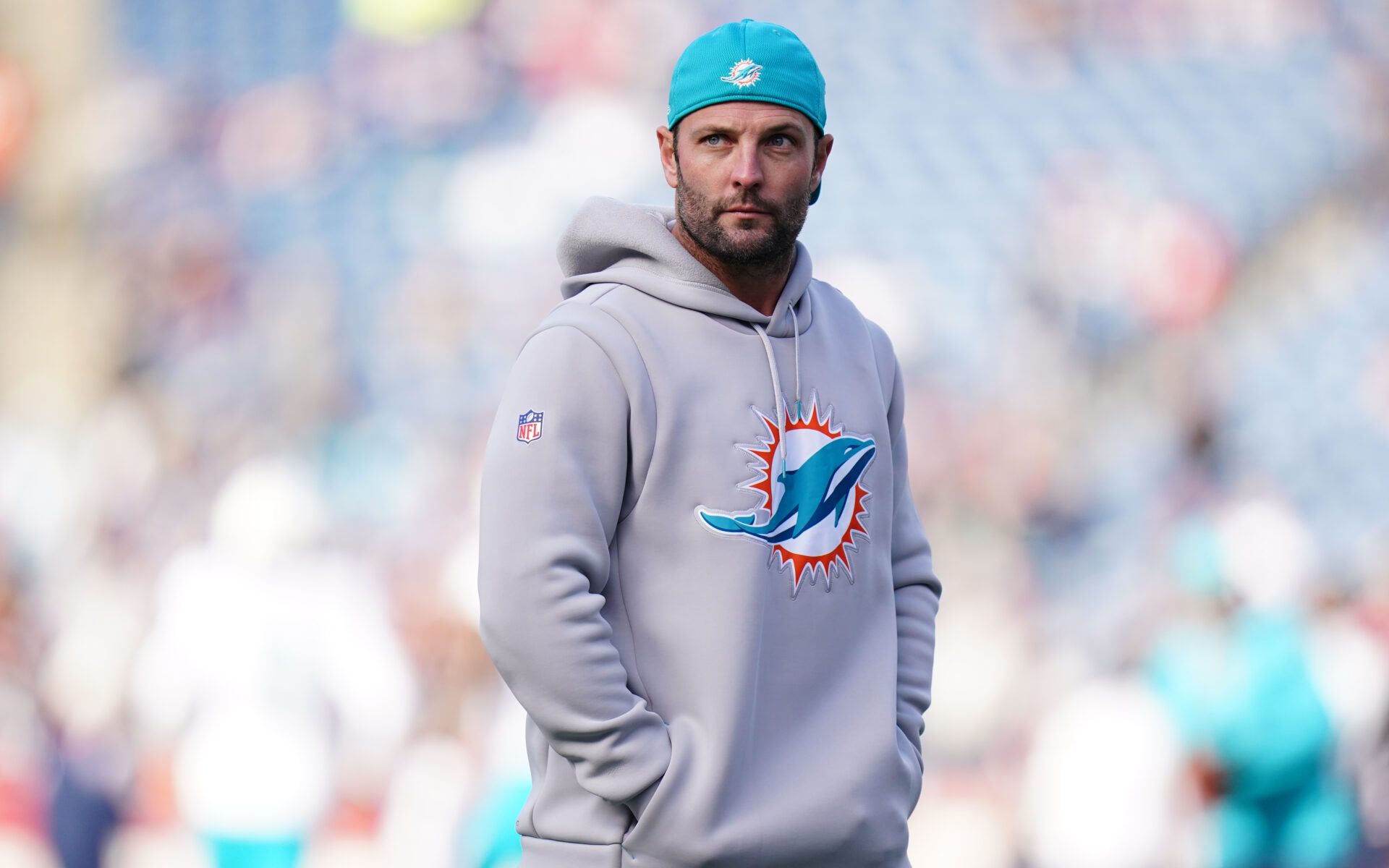 Jan 1, 2023; Foxborough, Massachusetts, USA; Miami Dolphins wide receivers coach and former New England Patriots player Wes Welker on the field for warm up before the start of the game against the New England Patriots at Gillette Stadium. Mandatory Credit: David Butler II-USA TODAY Sports