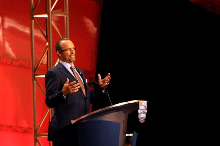 May 23, 2010; Charlotte, NC, USA; NASCAR Sprint Cup Series former driver Kyle Petty speaks during the 2010 NASCAR hall of fame inaugural induction ceremony in Charlotte, North Carolina. Mandatory Credit: Sam Sharpe-USA TODAY Sports