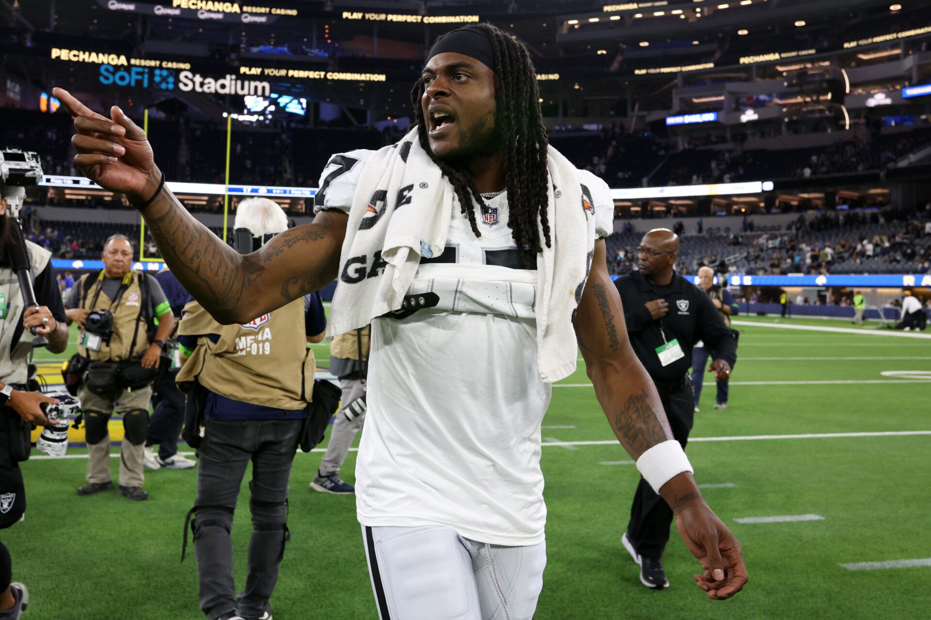 Aug 19, 2023; Inglewood, California, USA; Las Vegas Raiders wide receiver Davante Adams (17) walks back to the locker room after an NFL preseason football game against the Los Angeles Rams at SoFi Stadium. Mandatory Credit: Kiyoshi Mio-USA TODAY Sports