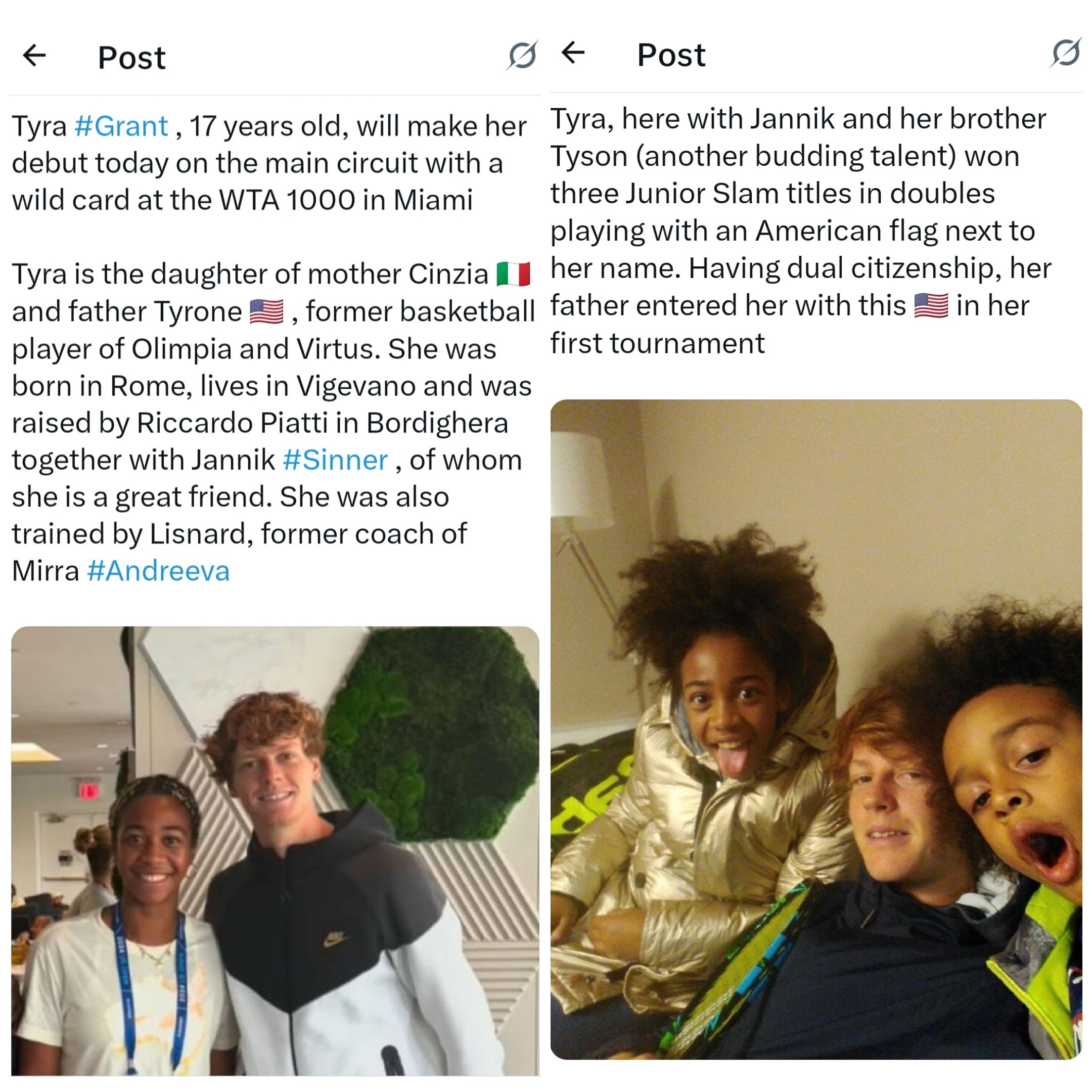 Tyra Grant and Jannik Sinner trained at the same academy
