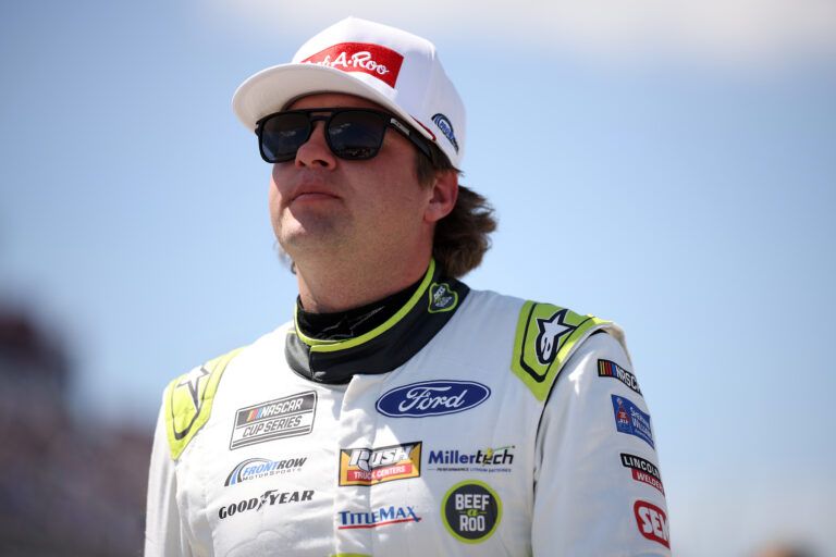 DARLINGTON, SOUTH CAROLINA - APRIL 05: Noah Gragson, driver of the #4 Beef-a-Roo Ford, walks the grid during the practice for the NASCAR Cup Series Goodyear 400 at Darlington Raceway on April 05, 2025 in Darlington, South Carolina. (Photo by James Gilbert/Getty Images)