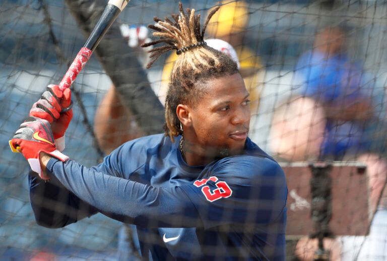 May 24, 2024; Pittsburgh, Pennsylvania, USA; Atlanta Braves right fielder Ronald Acuna Jr. (13) in the batting cage before the game against the Pittsburgh Pirates at PNC Park. Mandatory Credit: Charles LeClaire-USA TODAY Sports