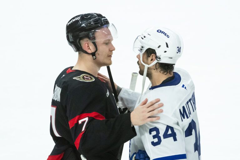 May 1, 2025; Ottawa, Ontario, CAN; Ottawa Senators left wing Brady Tkachuk (7) shares a moment with Toronto Maple Leafs center Auston Matthews (34) following the Toronto Maple Leafs win in game six of the first round of the 2025 Stanley Cup Playoffs at Canadian Tire Centre. Mandatory Credit: Marc DesRosiers-Imagn Images