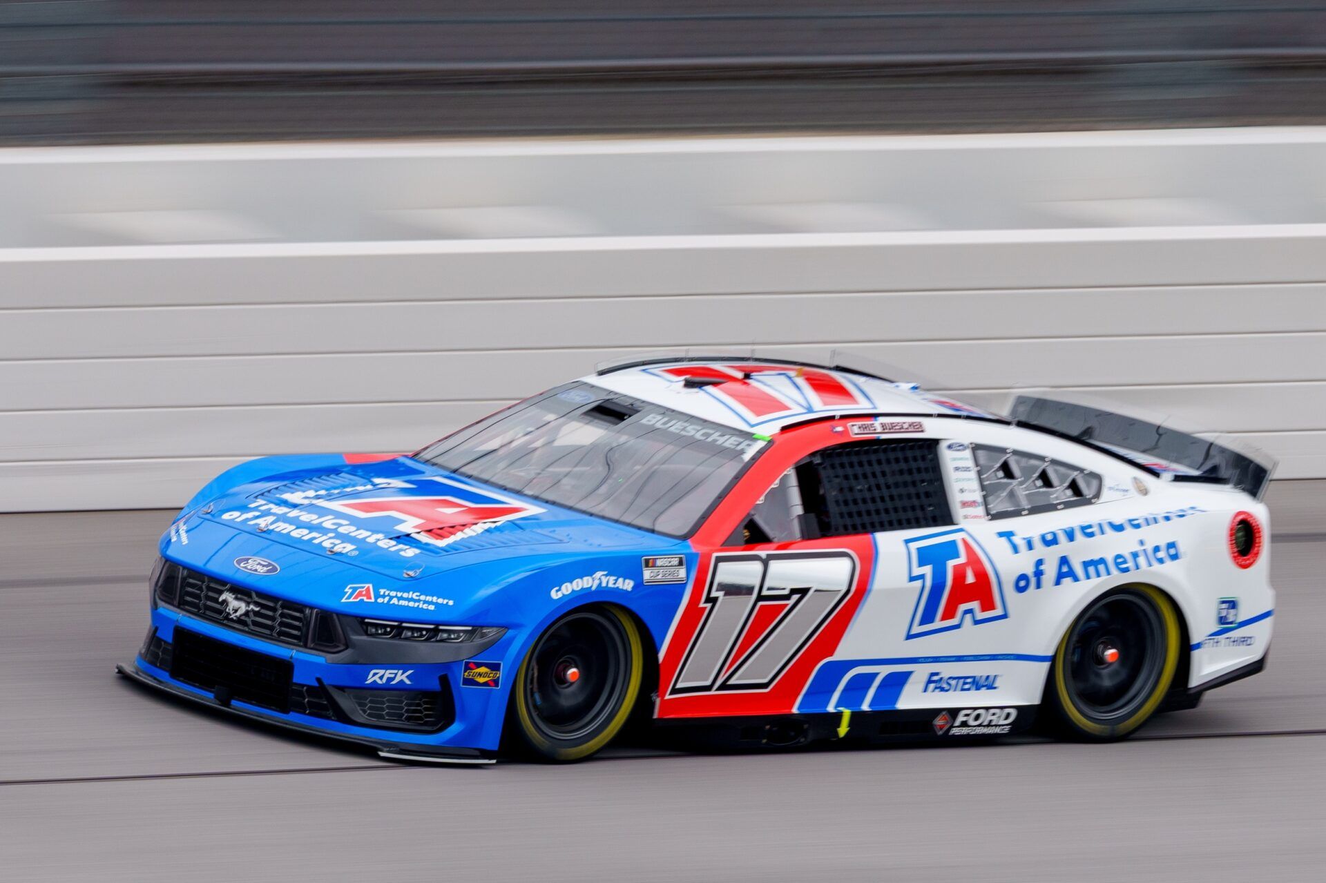 NASCAR Cup Series driver Chris Buescher (17) comes out of turn four during the General Tire 200 at Talladega Superspeedway.