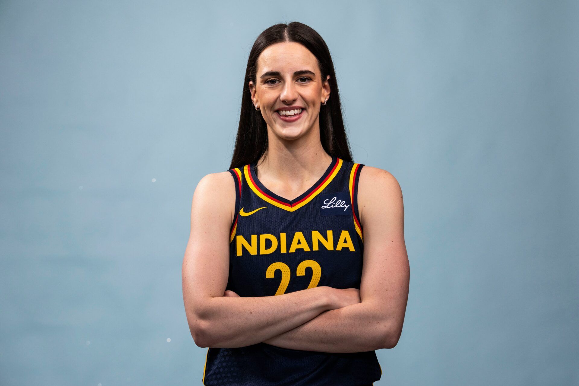Indiana Fever guard Caitlin Clark poses for a photo Wednesday, April 30, 2025, during the Indiana Fever media day at Gainbridge Fieldhouse in Indianapolis.