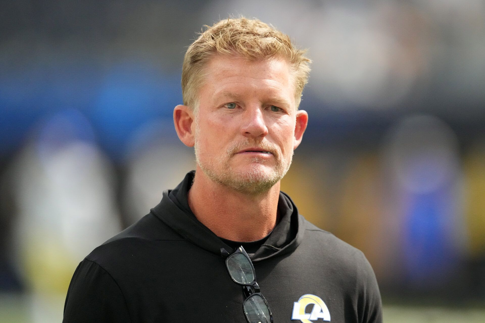 Aug 17, 2024; Inglewood, California, USA; Los Angeles Rams general manager Les Snead during the game against the Los Angeles Chargers at SoFi Stadium. Mandatory Credit: Kirby Lee-USA TODAY Sports