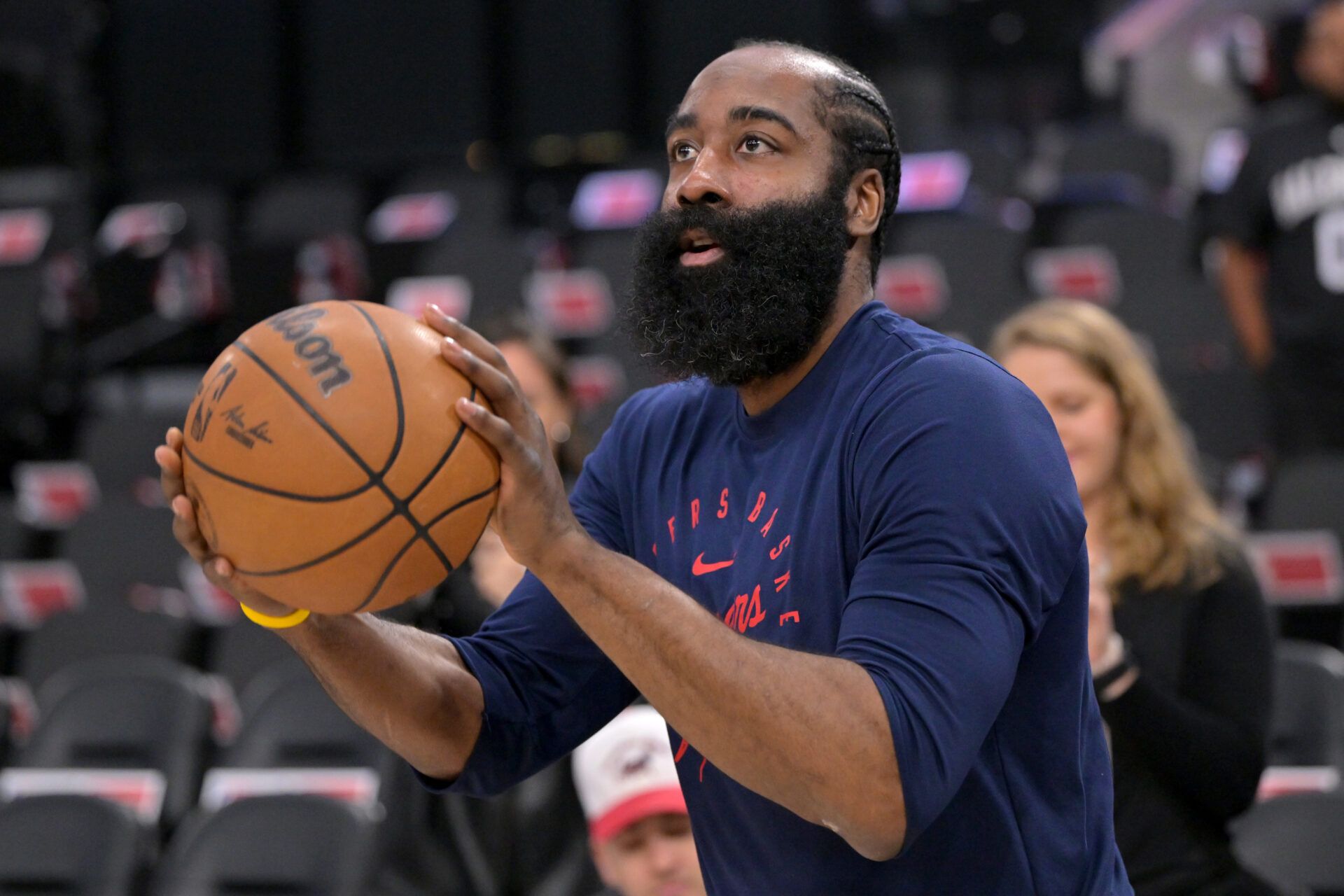 Apr 26, 2025; Inglewood, California, USA; Los Angeles Clippers guard James Harden (1) warms up prior to game four of round one of the 2024 NBA Playoffs against the Denver Nuggets at Intuit Dome. Mandatory Credit: Jayne Kamin-Oncea-Imagn Images