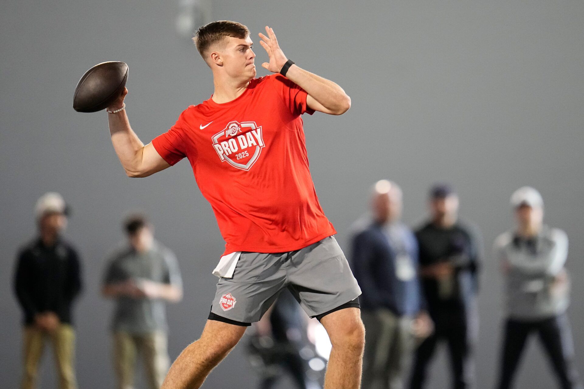 Ohio State Buckeyes quarterback Will Howard throws during the pro day for NFL scouts at the Woody Hayes Athletic Cente on March 26, 2025.