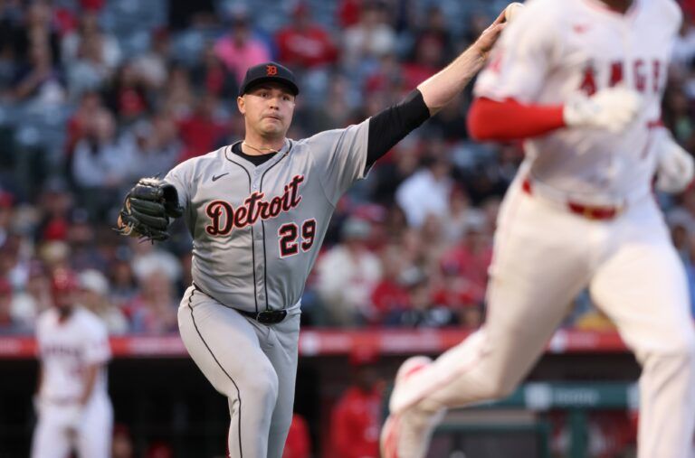 May 2, 2025; Anaheim, California, USA; Detroit Tigers pitcher Tarik Skubal (29) throws out Los Angeles Angels shortstop Tim Anderson (77) during the 3rd inning at Angel Stadium. Mandatory Credit: Jason Parkhurst-Imagn Images