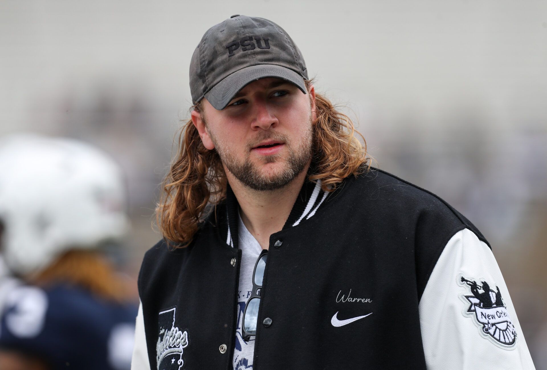 Apr 26, 2025; University Park, PA, USA; Former Penn State Nittany Lions tight end Tyler Warren walks on the sideline prior to the Blue White spring game at Beaver Stadium. Mandatory Credit: Matthew O'Haren-Imagn Images