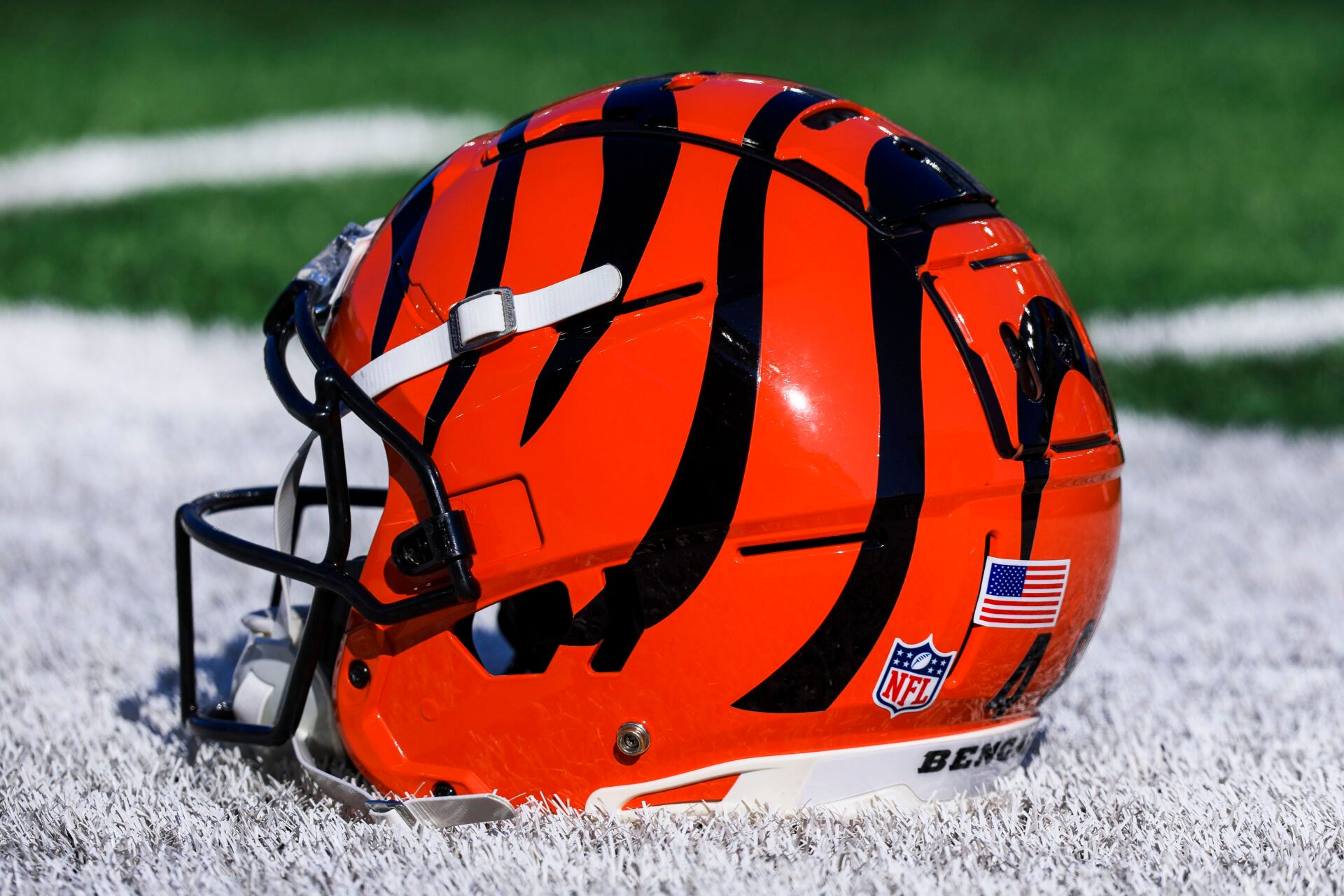 A general view of the helmet of Cincinnati Bengals long snapper Cal Adomitis (48) during warmups before the game against the Pittsburgh Steelers at Paycor Stadium.