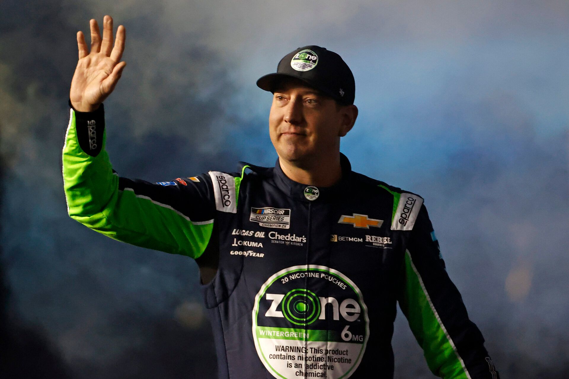 Feb 13, 2025; Daytona Beach, Florida, USA; NASCAR Cup Series driver Kyle Busch (8) during driver introductions for the Duels at Daytona International Speedway. Mandatory Credit: Peter Casey-Imagn Images