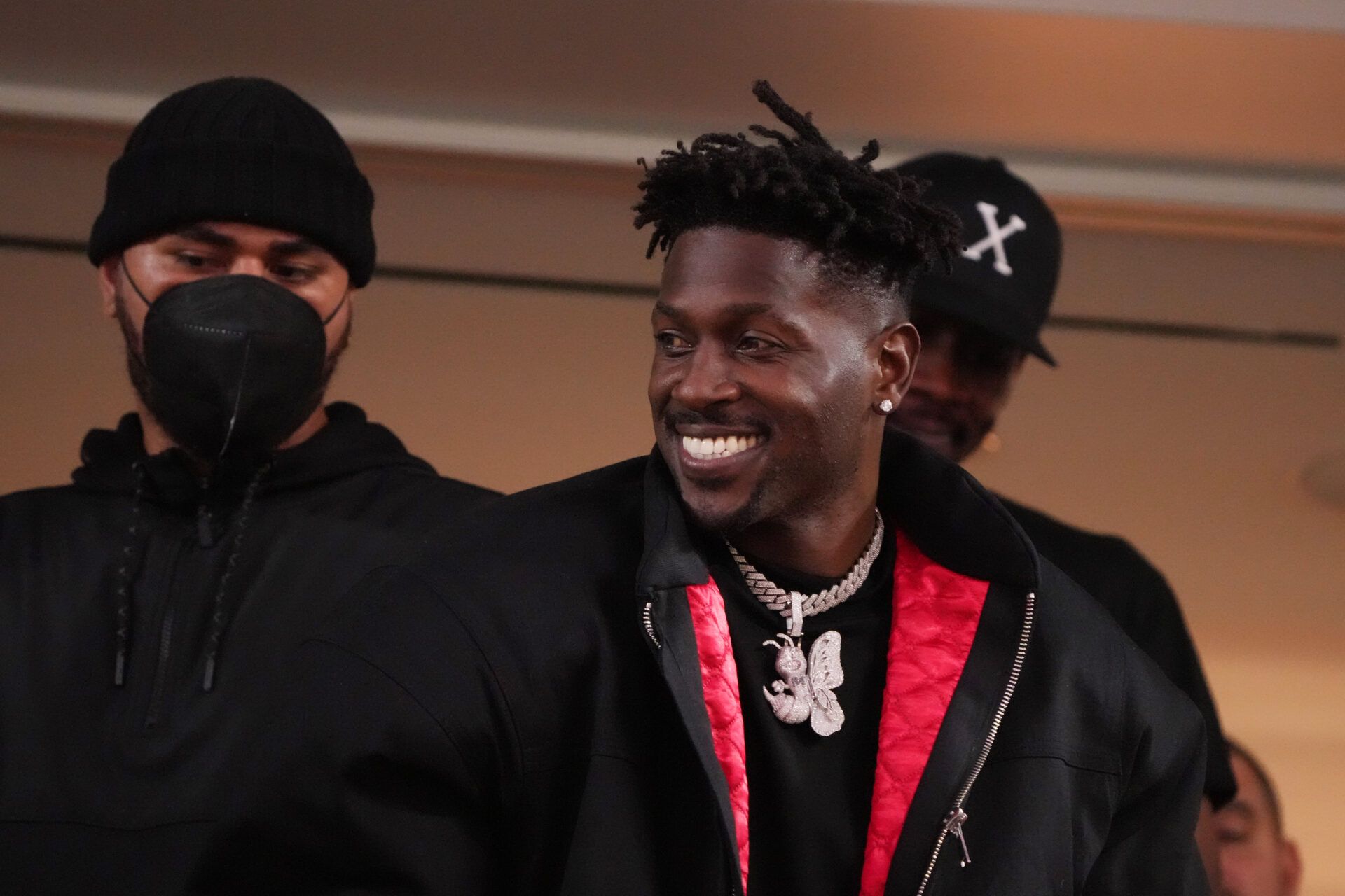 Feb 13, 2022; Inglewood, California, USA; NFL free agent Antonio Brown smiles in the third quarter in Super Bowl LVI at SoFi Stadium. Mandatory Credit: Kirby Lee-USA TODAY Sports
