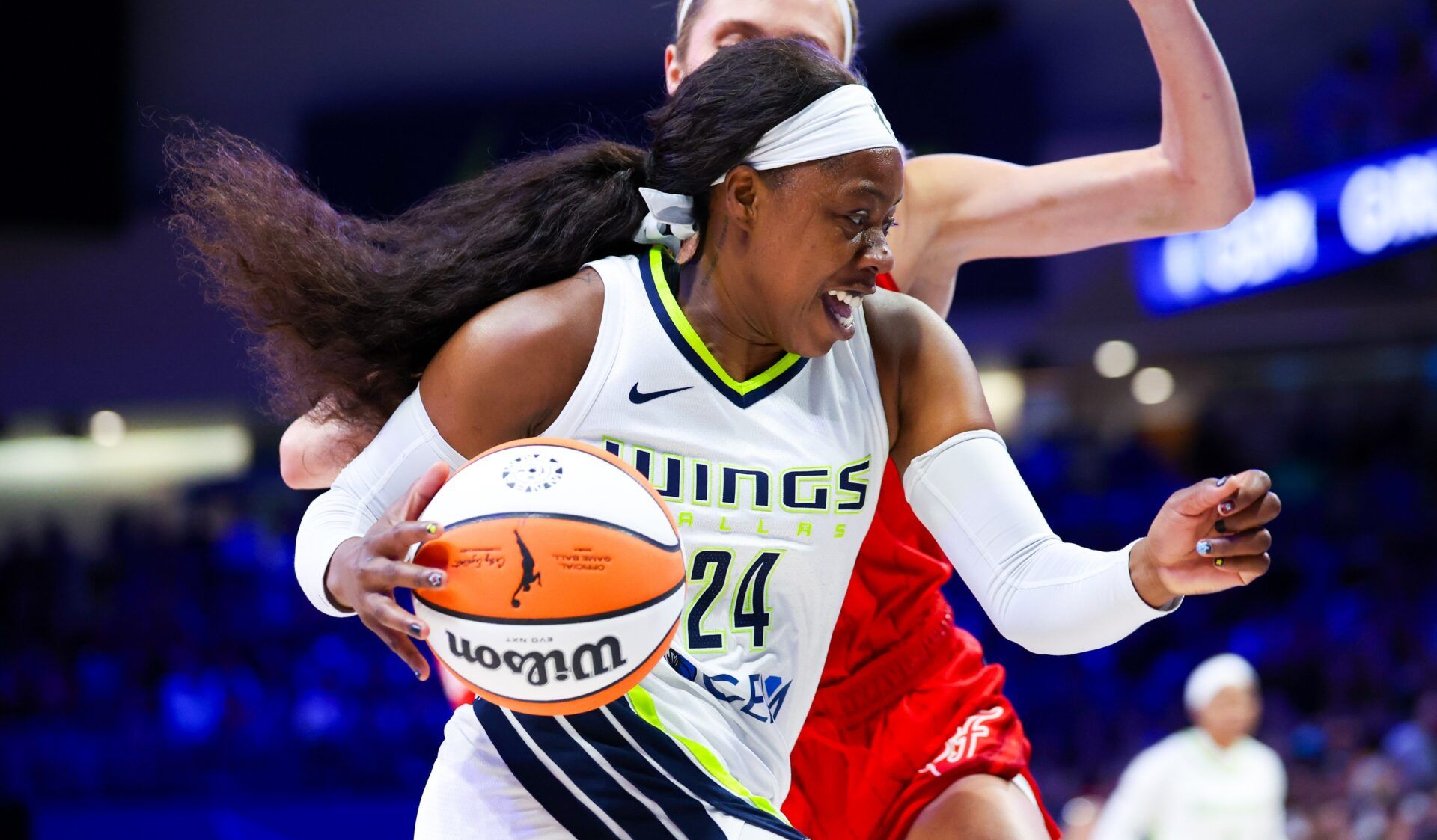 Dallas Wings guard Arike Ogunbowale (24) drives to the basket during the first half against the Indiana Fever at College Park Center.
