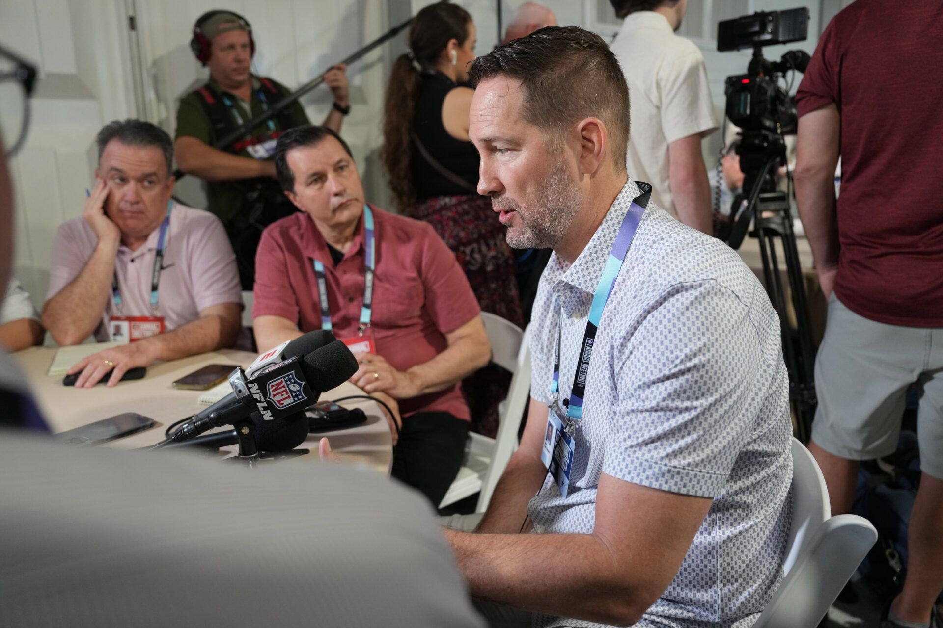 Apr 1, 2025; Palm Beach, FL, USA; Dallas Cowboys head coach Brian Schottenheimer answers questions from the media during the NFL Annual League Meeting at The Breakers. Mandatory Credit: Jim Rassol-Imagn Images