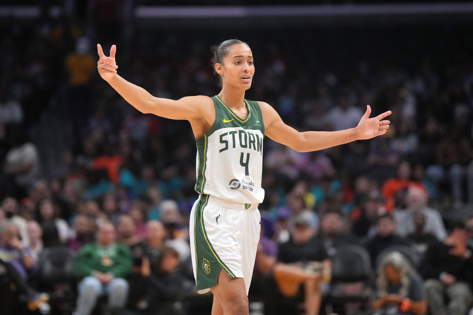 Jul 16, 2024; Los Angeles, California, USA; Seattle Storm guard Skylar Diggins-Smith (4) reacts in the second half against the LA Sparks at Crypto.com Arena. Mandatory Credit: Kirby Lee-USA TODAY Sports