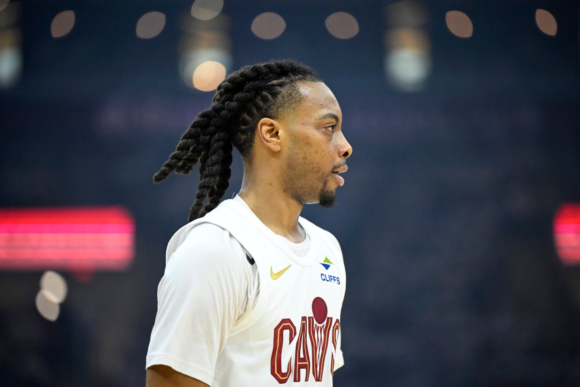 Apr 20, 2025; Cleveland, Ohio, USA; Cleveland Cavaliers guard Darius Garland (10) stands on the court in the first quarter against the Miami Heat at Rocket Arena. Mandatory Credit: David Richard-Imagn Images