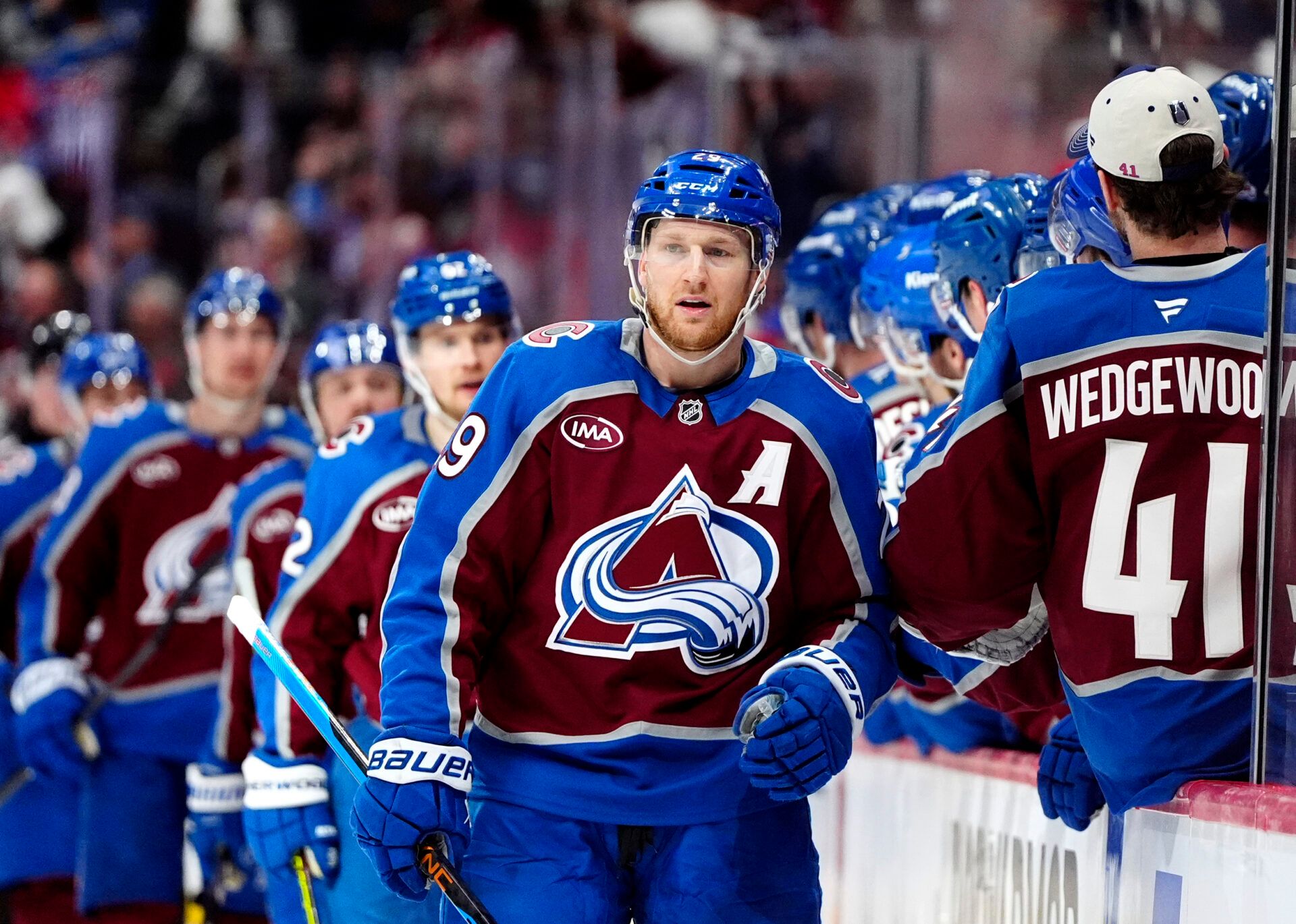 May 1, 2025; Denver, Colorado, USA; Colorado Avalanche center Nathan MacKinnon (29) celebrates his go ahead goal in the third period against the Dallas Stars in game six of the first round of the 2025 Stanley Cup Playoffs at Ball Arena. Mandatory Credit: Ron Chenoy-Imagn Images