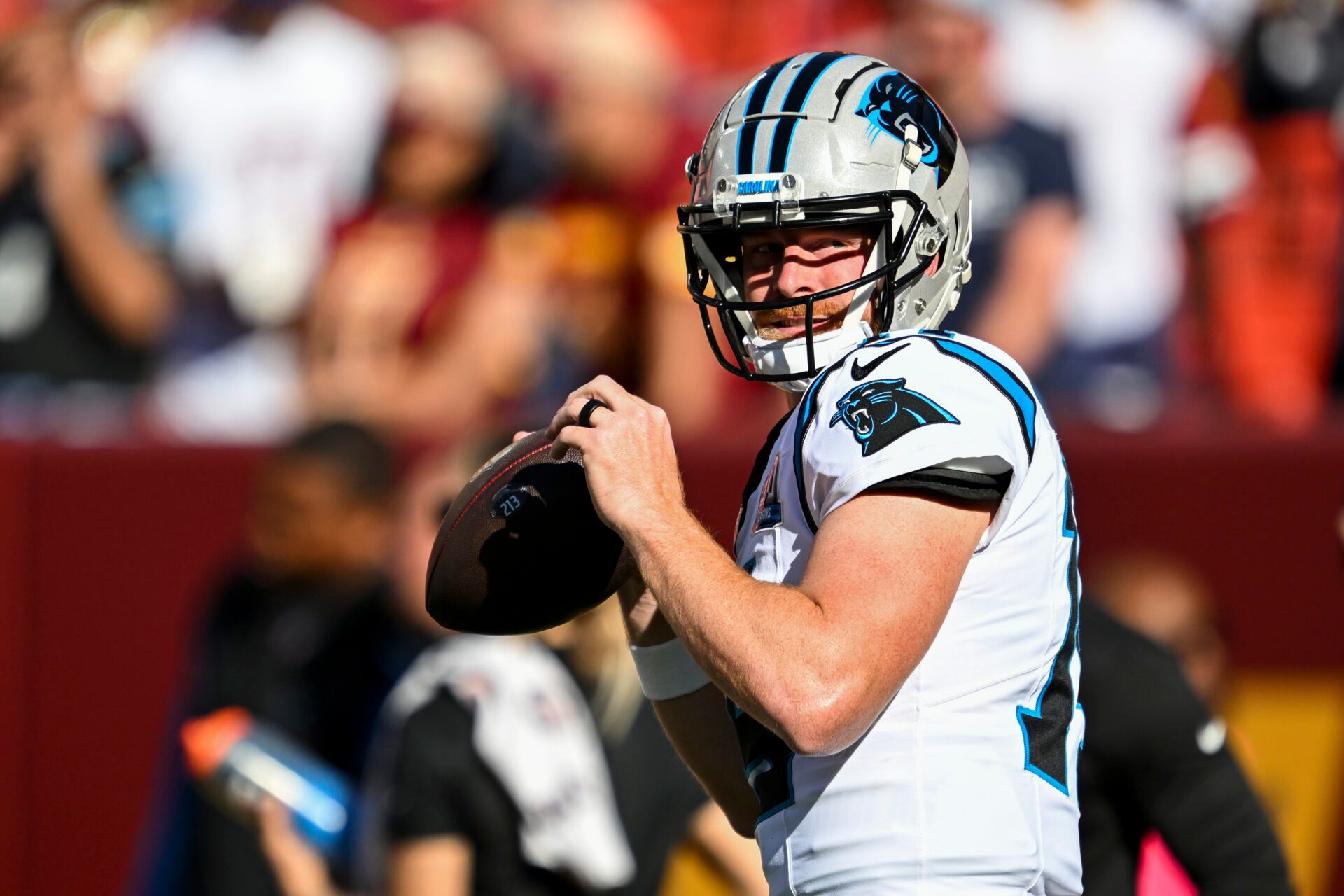 LANDOVER, MARYLAND - OCTOBER 20: Andy Dalton #14 of the Carolina Panthers warms up prior to the game against the Washington Commanders at Northwest Stadium on October 20, 2024 in Landover, Maryland. (Photo by Greg Fiume/Getty Images)