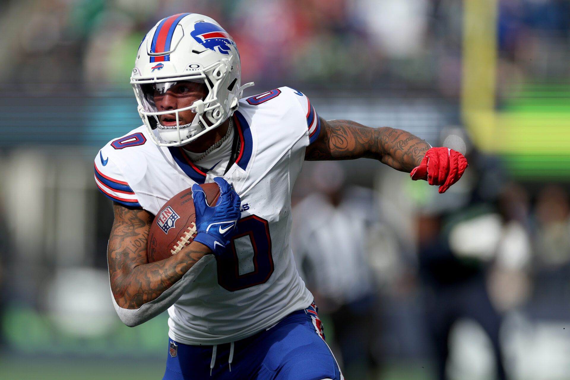 SEATTLE, WASHINGTON - OCTOBER 27: Keon Coleman #0 of the Buffalo Bills rushes against the Seattle Seahawks at Lumen Field on October 27, 2024 in Seattle, Washington. (Photo by Steph Chambers/Getty Images)