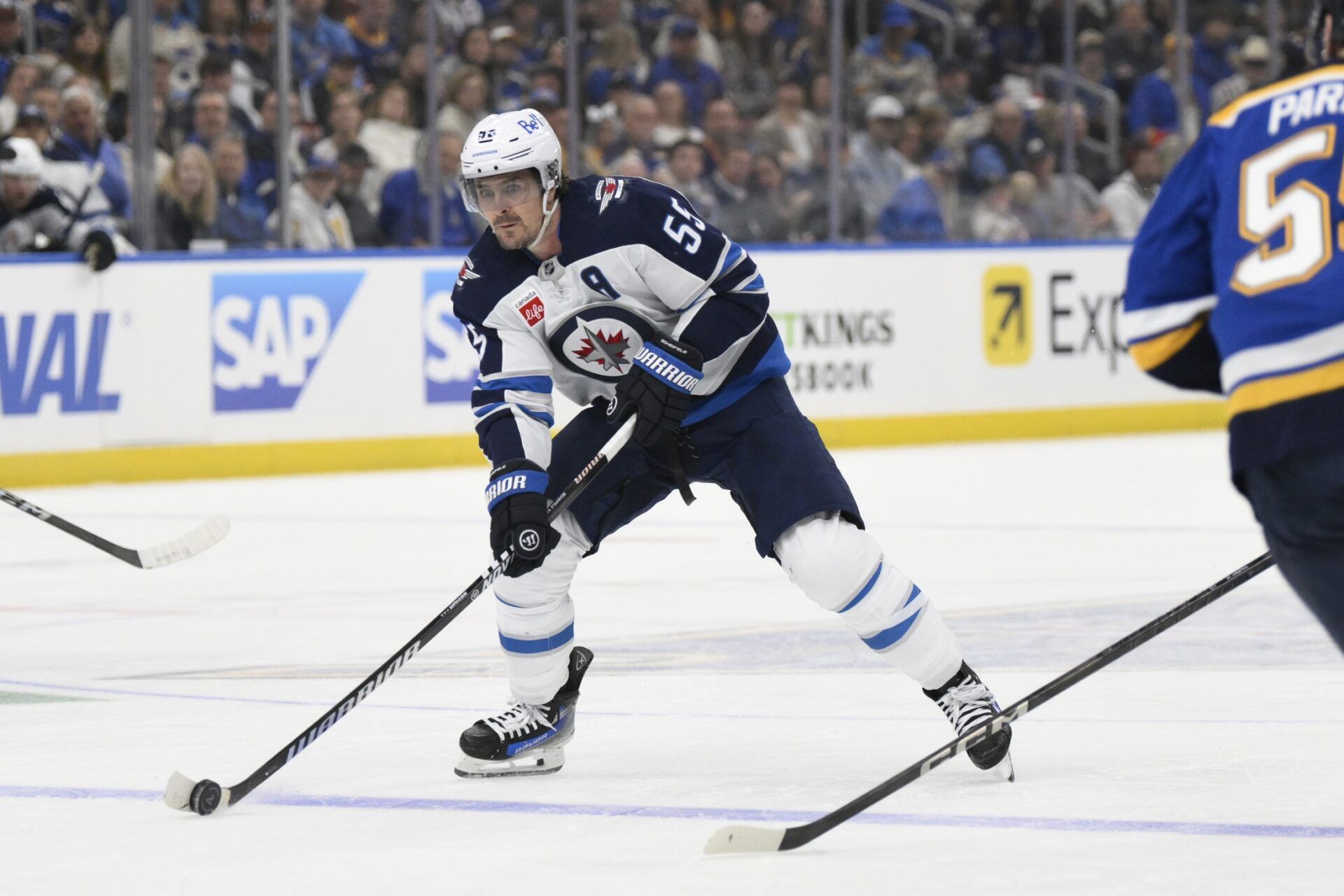 Winnipeg Jets center Mark Scheifele (55) skates against the St. Louis Blues during the first period in game four of the first round of the 2025 Stanley Cup Playoffs at Enterprise Center.
