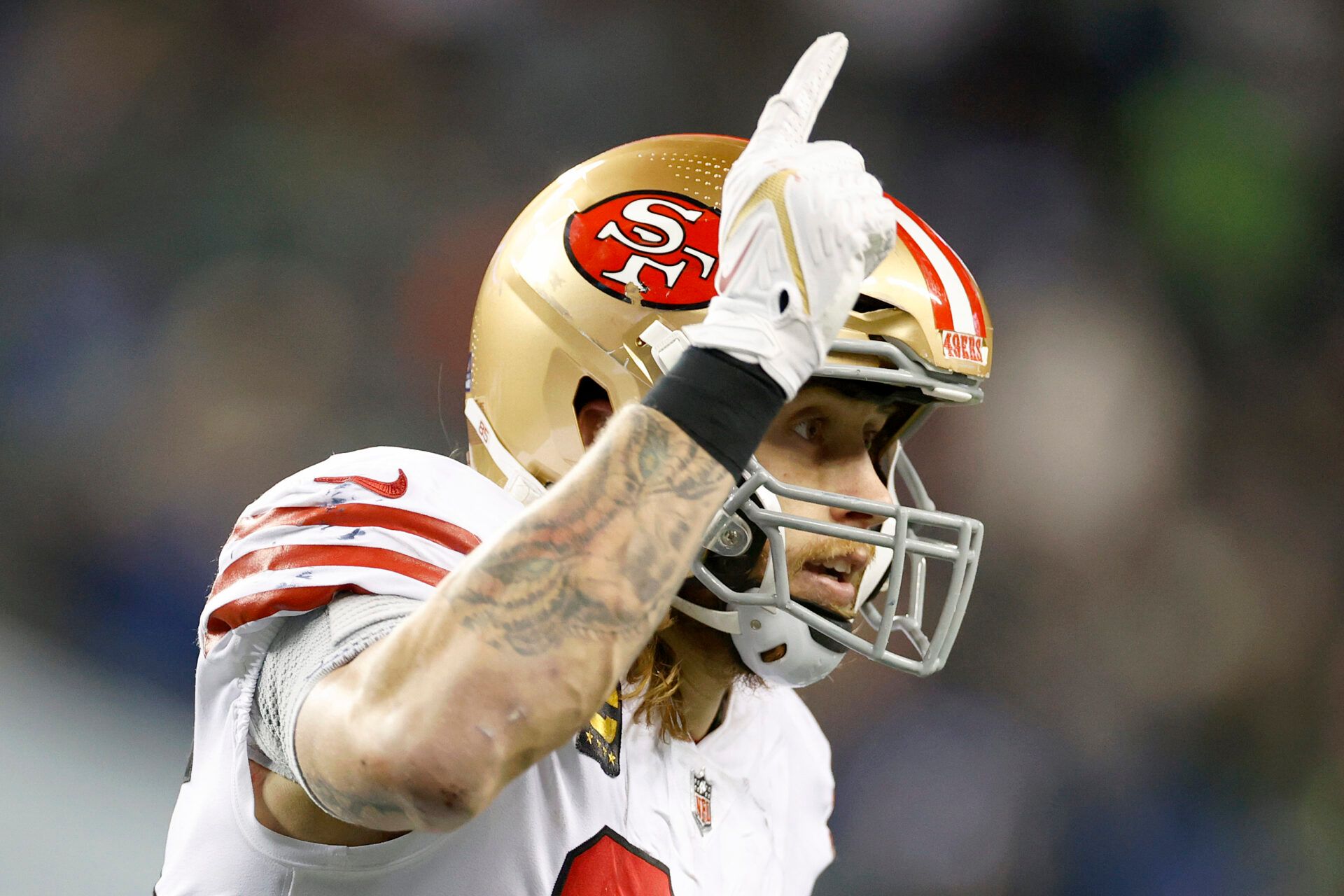 SEATTLE, WASHINGTON - DECEMBER 15: George Kittle #85 of the San Francisco 49ers reacts during the fourth quarter against the Seattle Seahawks at Lumen Field on December 15, 2022 in Seattle, Washington. (Photo by Steph Chambers/Getty Images)
