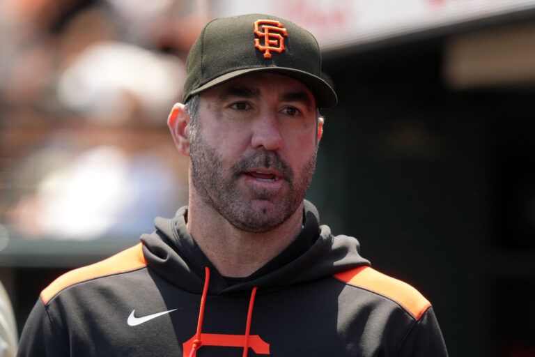May 3, 2025; San Francisco, California, USA; San Francisco Giants starting pitcher Justin Verlander (35) during the fifth inning against the Colorado Rockies at Oracle Park. Mandatory Credit: Darren Yamashita-Imagn Images