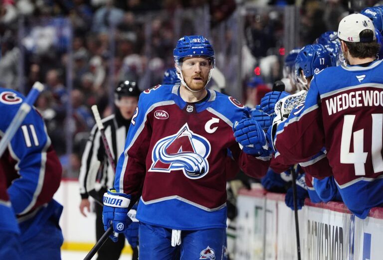 Colorado Avalanche left wing Gabriel Landeskog (92) his assist of a goal in the first period against the Dallas Stars in game six of the first round of the 2025 Stanley Cup Playoffs at Ball Arena.