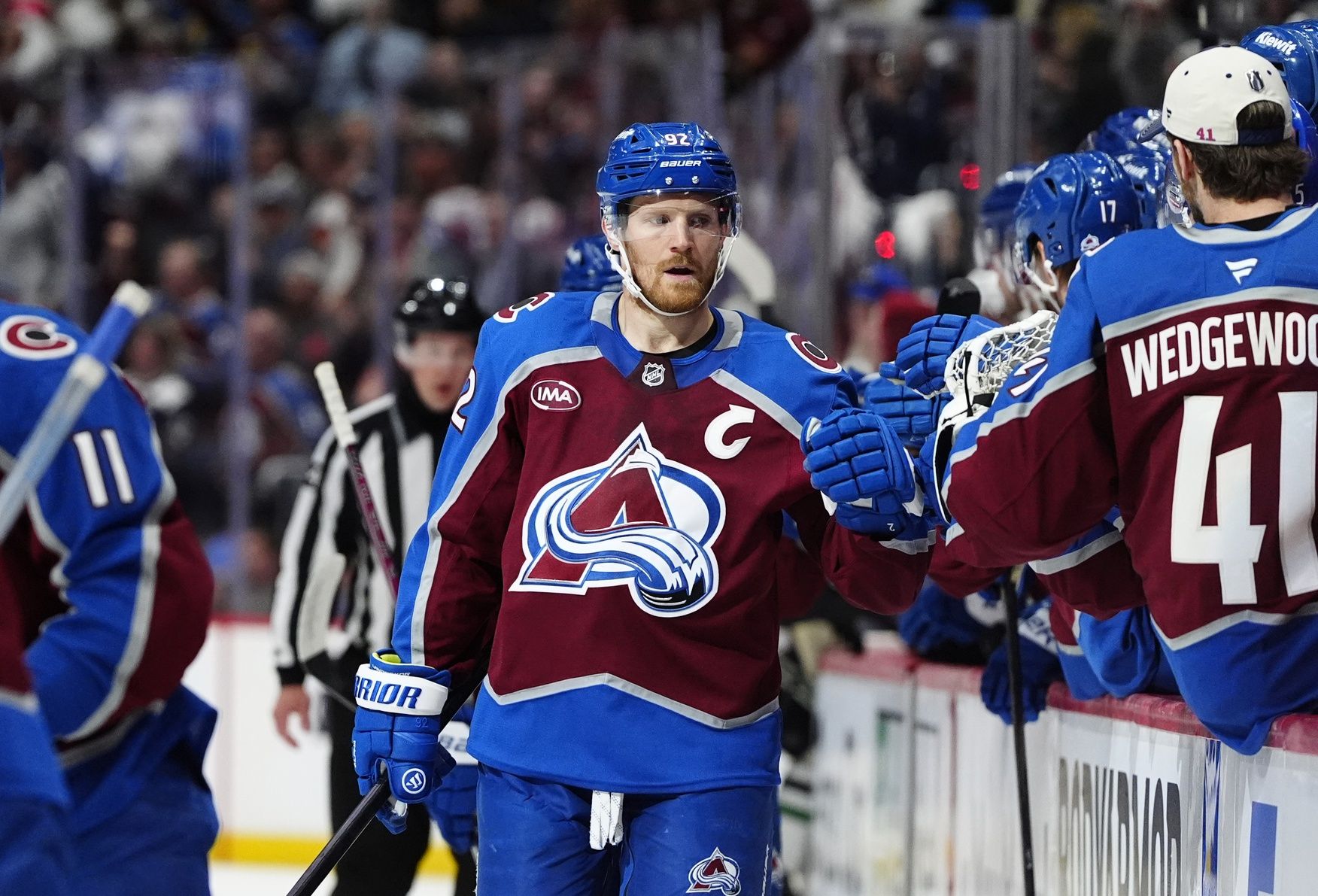 Colorado Avalanche left wing Gabriel Landeskog (92) his assist of a goal in the first period against the Dallas Stars in game six of the first round of the 2025 Stanley Cup Playoffs at Ball Arena.
