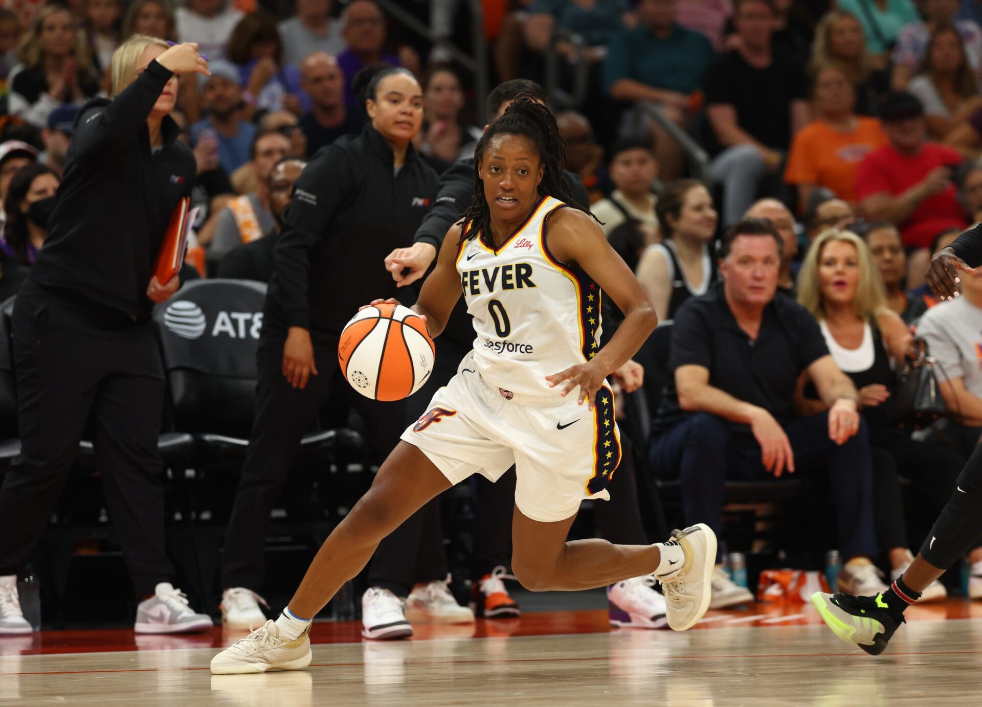 Indiana Fever guard Kelsey Mitchell (0) against the Phoenix Mercury during a WNBA game at Footprint Center.
