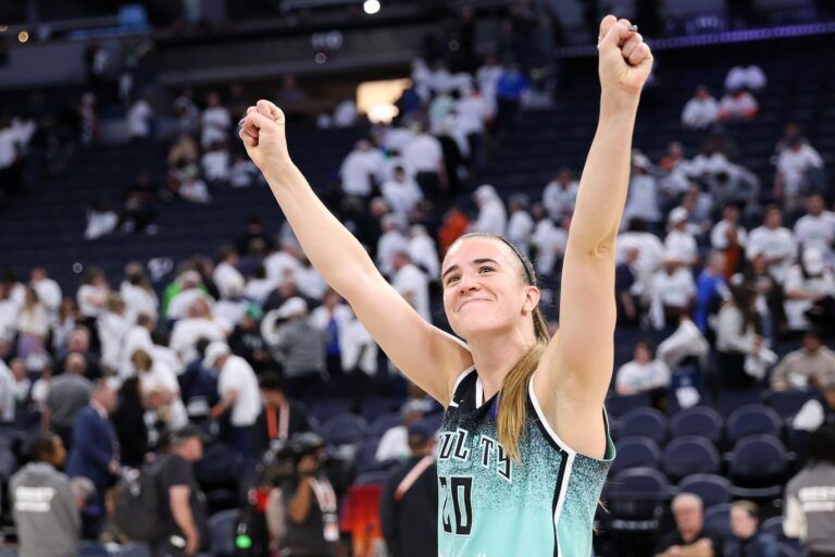 New York Liberty guard Sabrina Ionescu (20) celebrates her teams win after game three of the 2024 WNBA Finals against the Minnesota Lynx at Target Center.