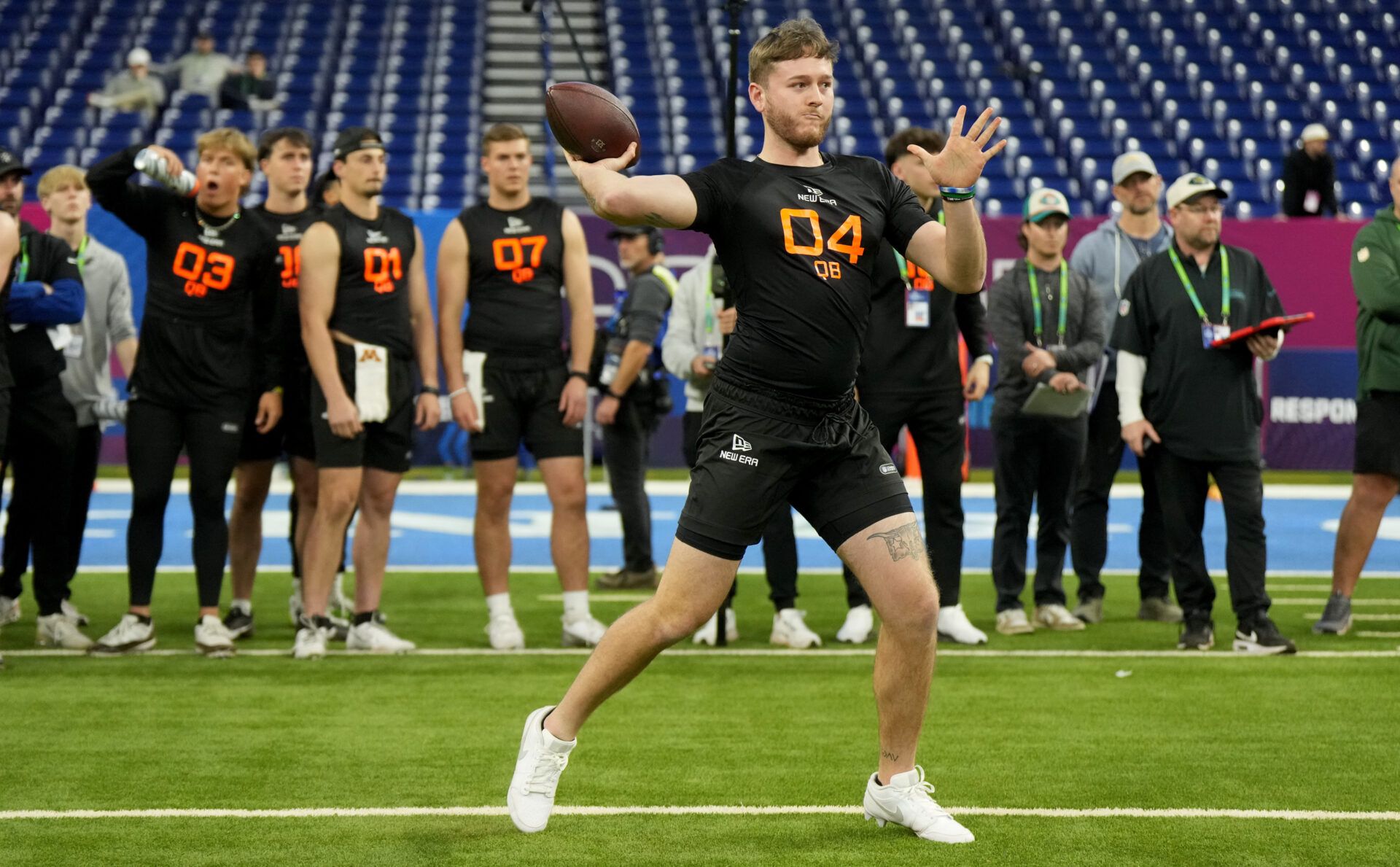 Mar 1, 2025; Indianapolis, IN, USA; Texas quarterback Quinn Ewers (QB04) during the 2025 NFL Combine at Lucas Oil Stadium. Mandatory Credit: Kirby Lee-Imagn Images