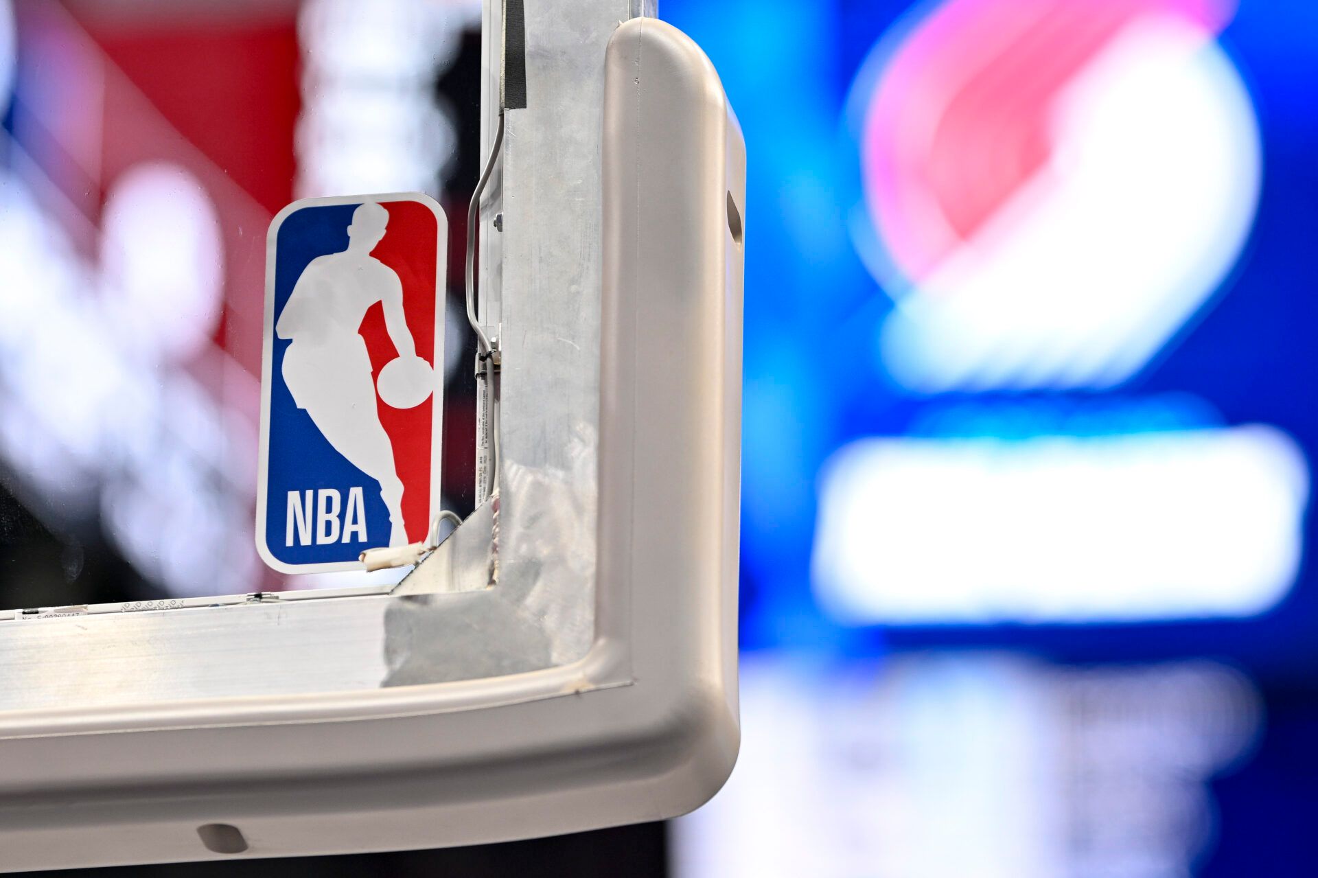 A view of the NBA logo and Portland Trail Blazers logo before the game between the Dallas Mavericks and the Trail Blazers at the American Airlines Center.