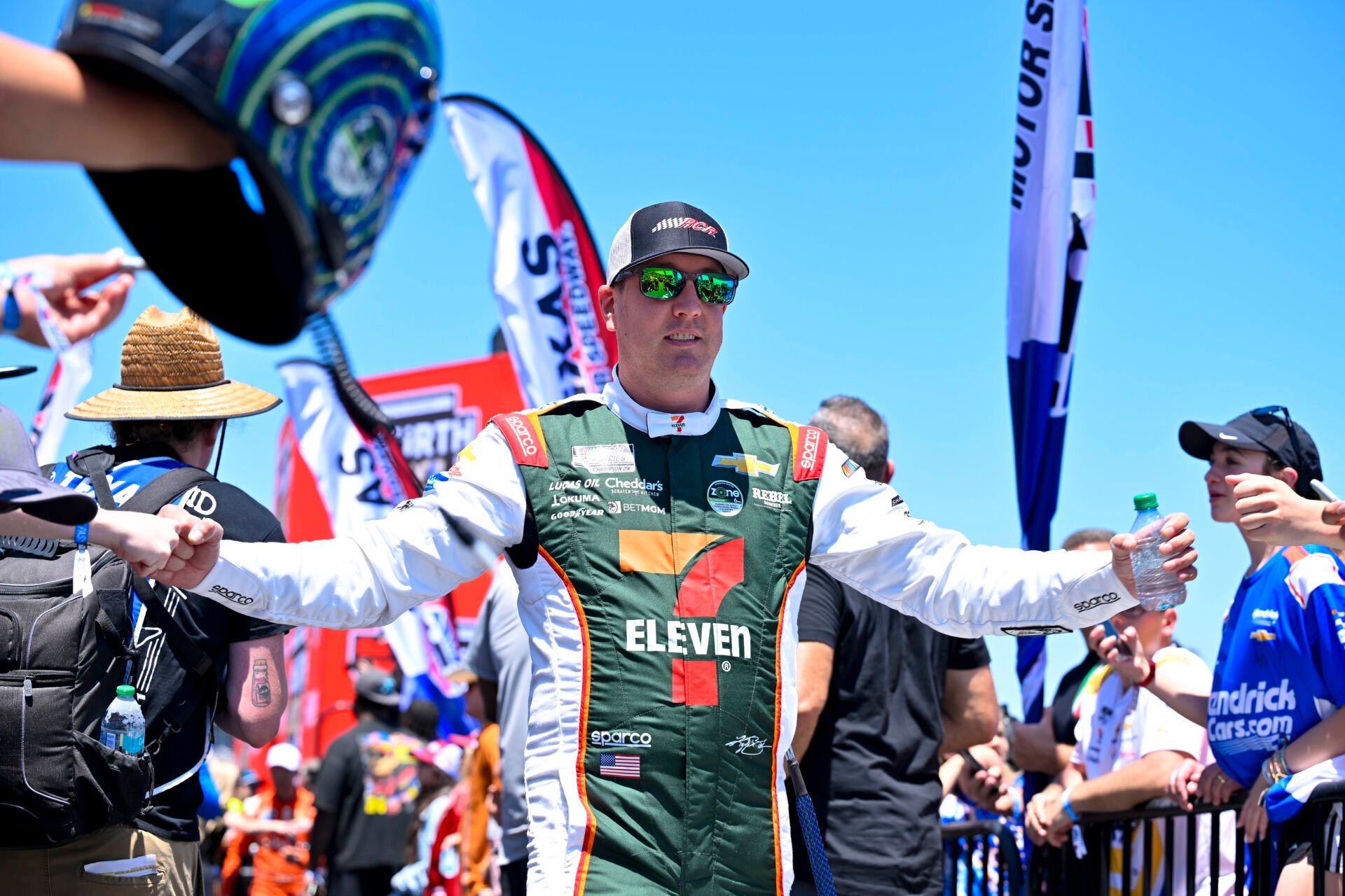 May 4, 2025; Fort Worth, Texas, USA; NASCAR Cup Series driver Kyle Busch (8) is introduced before the start of the Wurth 400 race at Texas Motor Speedway. Mandatory Credit: Jerome Miron-Imagn Images
