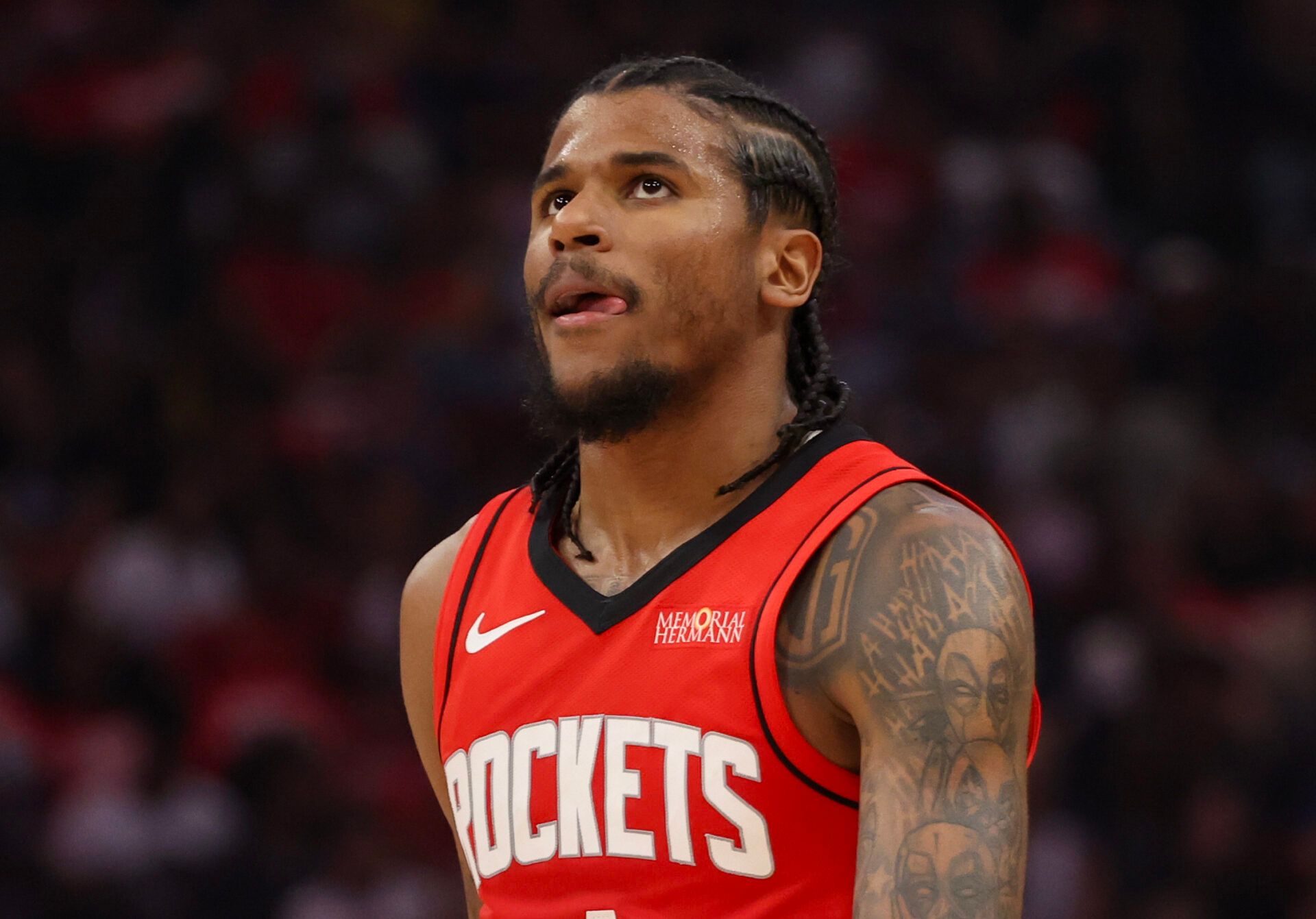 Houston Rockets guard Jalen Green (4) reacts while playing against the Golden State Warriors  in the second quarter during game five of first round for the 2025 NBA Playoffs at Toyota Center.