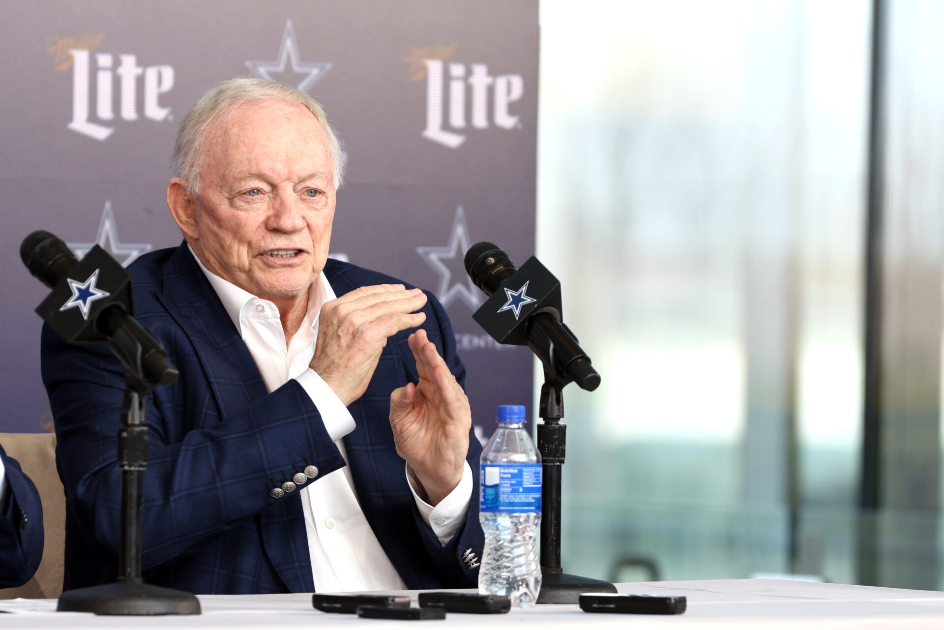Jan 27, 2025; Frisco, TX, USA; Dallas Cowboys owner Jerry Jones speaks to the media at a press conference at the Star. Mandatory Credit: Tim Heitman-Imagn Images