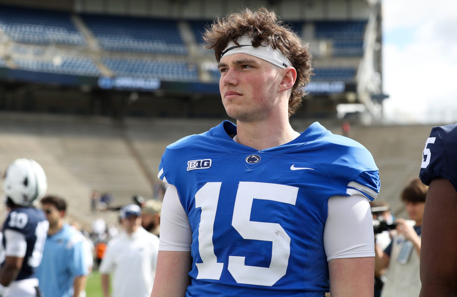 Apr 26, 2025; University Park, PA, USA; Penn State Nittany Lions quarterback Drew Allar (15) looks on following the Blue White spring game at Beaver Stadium. The White team defeated the Blue team 10-8. Mandatory Credit: Matthew O'Haren-Imagn Images