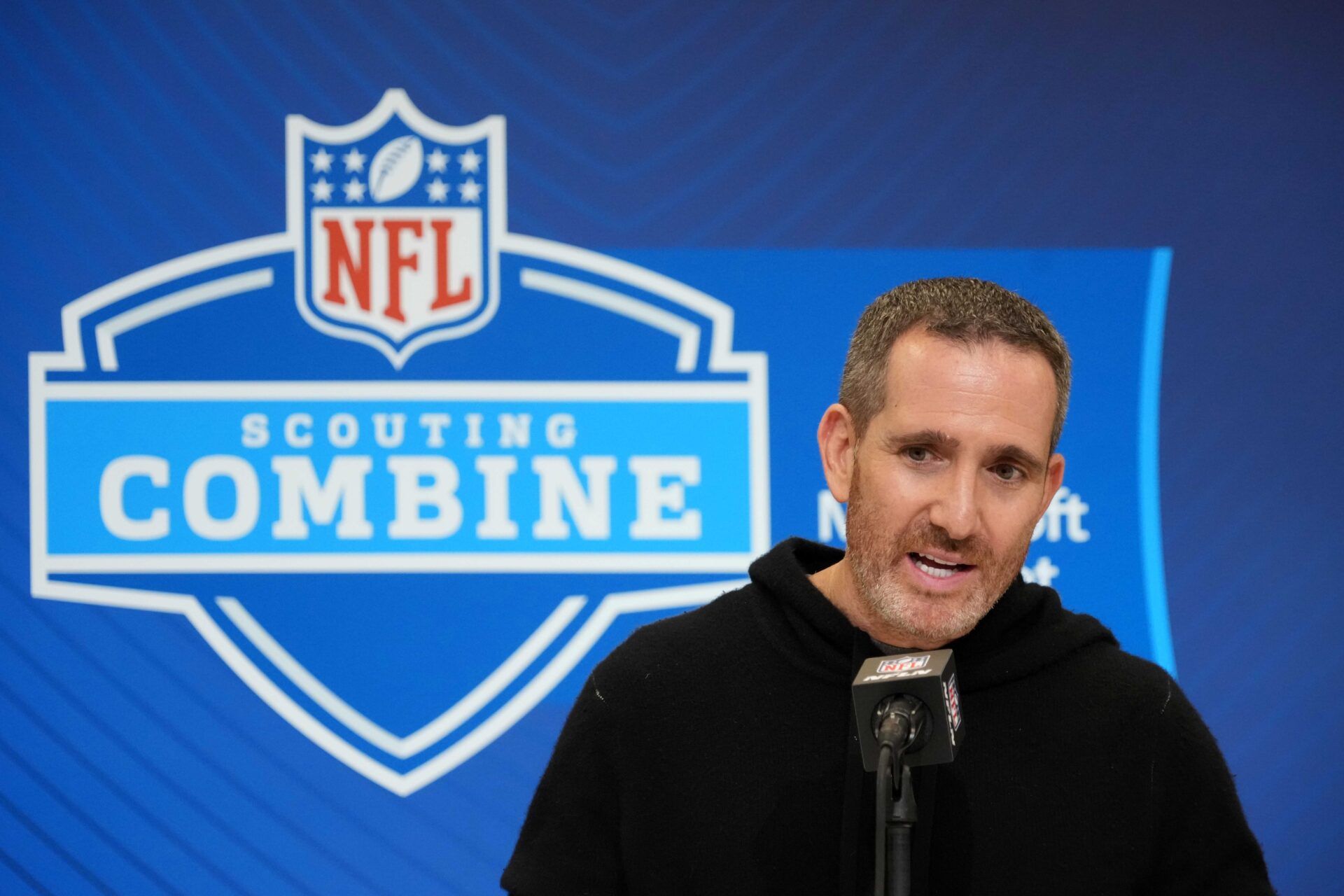 Feb 25, 2025; Indianapolis, IN, USA; Philadelphia Eagles general manager Howie Roseman speaks during the NFL Scouting Combine at the Indiana Convention Center. Mandatory Credit: Kirby Lee-Imagn Images