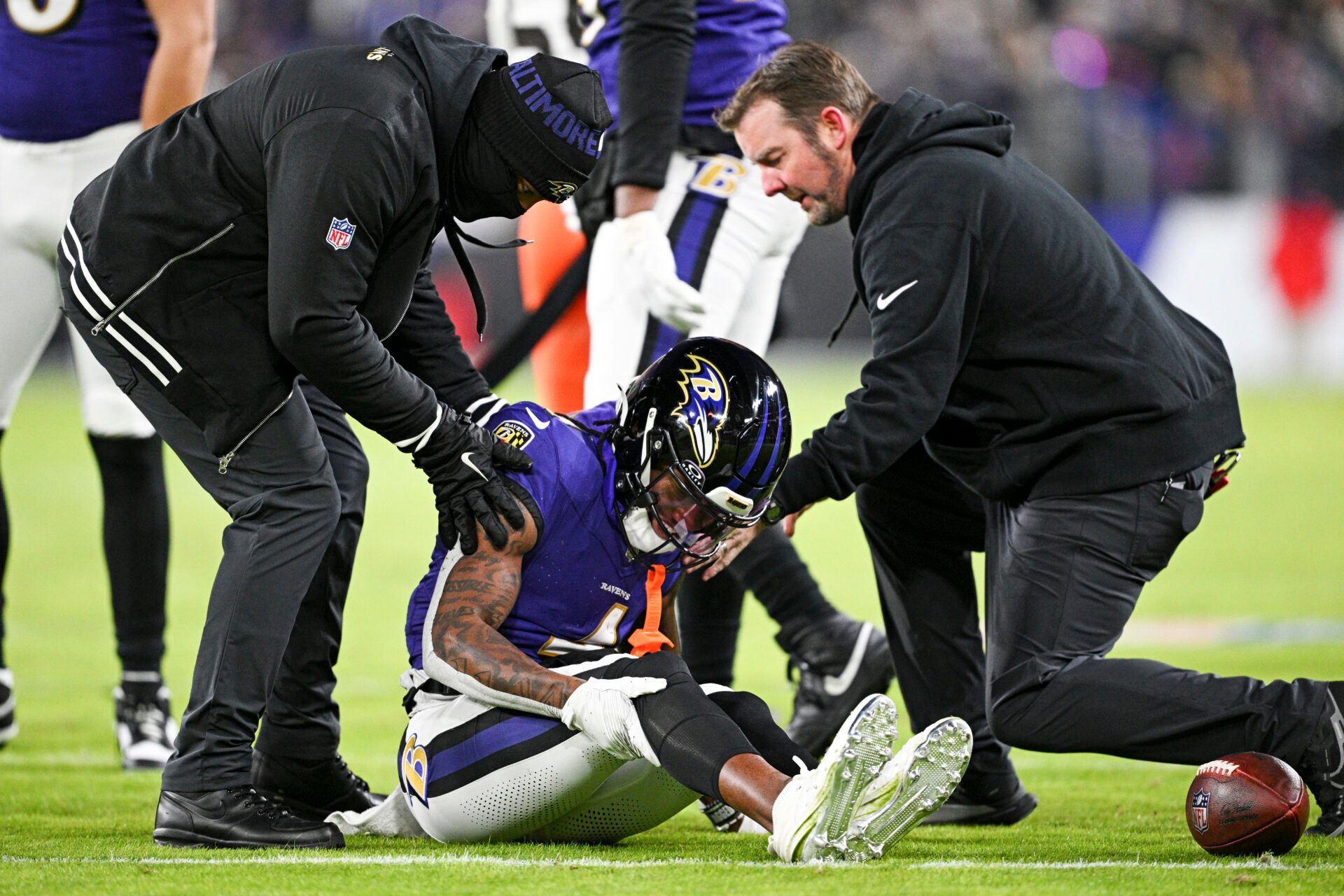 Jan 4, 2025; Baltimore, Maryland, USA; Baltimore Ravens wide receiver Zay Flowers (4) reacts after a tackle during the first quarter against the Cleveland Browns at M&T Bank Stadium. Mandatory Credit: Tommy Gilligan-Imagn Images