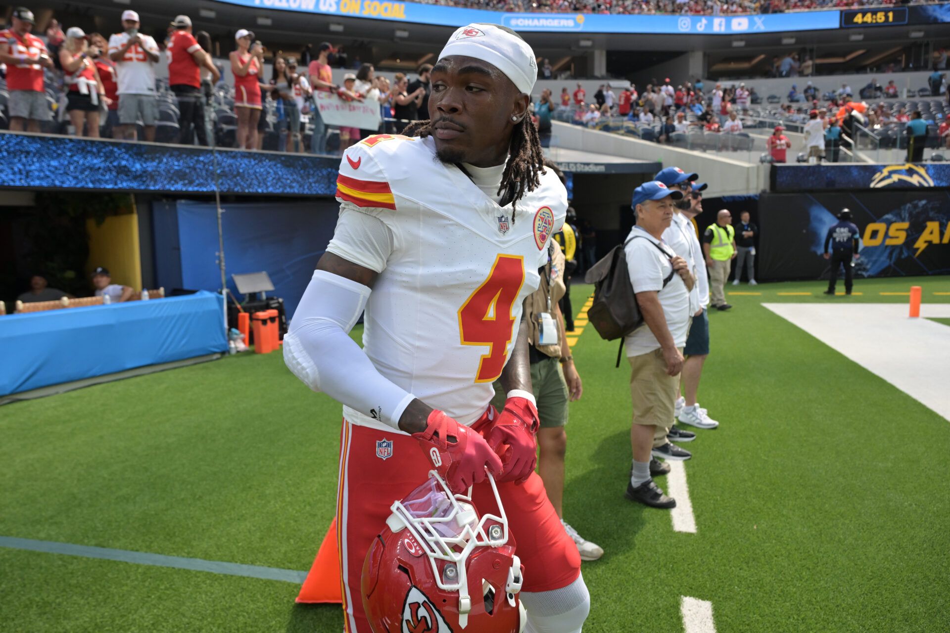 Sep 29, 2024; Inglewood, California, USA; Kansas City Chiefs wide receiver Rashee Rice (4) leaves the field following the game against the Los Angeles Chargers at SoFi Stadium. Mandatory Credit: Jayne Kamin-Oncea-Imagn Images