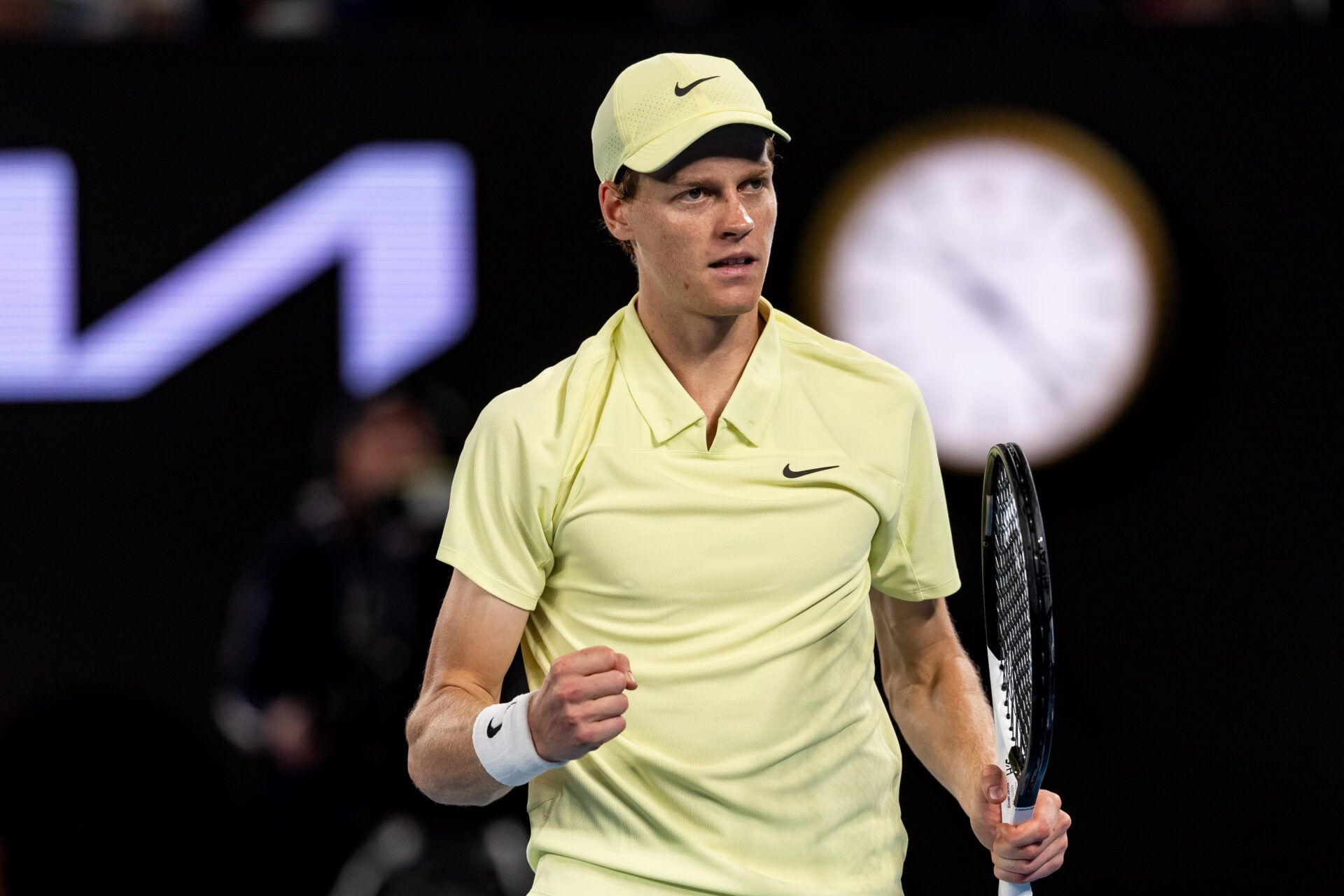 Jan 24, 2025; Melbourne, Victoria, Australia; Jannik Sinner of Italy celebrates during his match against Ben Shelton of United States of America in the semifinals of the men's singles at the 2025 Australian Open at Melbourne Park. Mandatory Credit: Mike Frey-Imagn Images