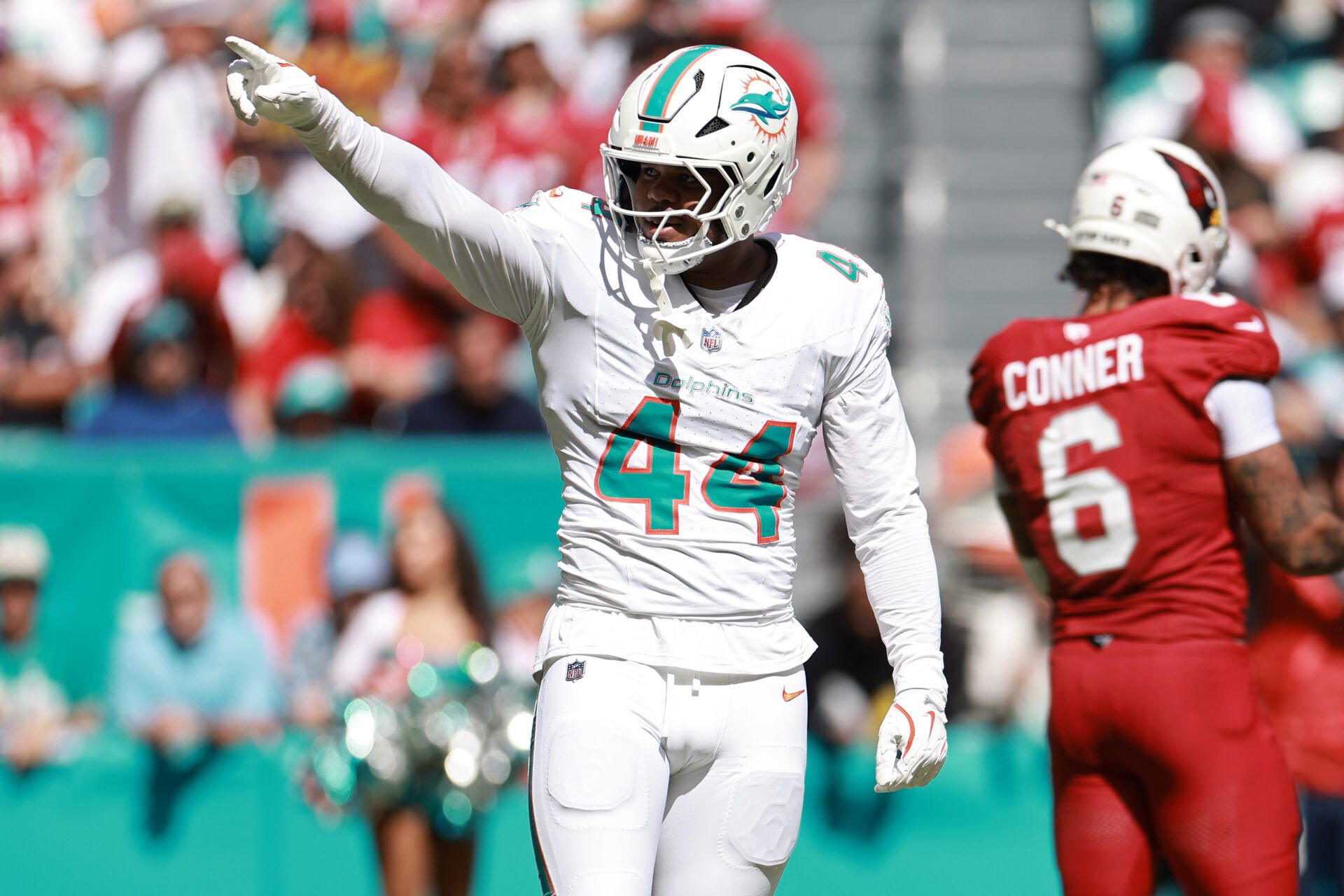 MIAMI GARDENS, FLORIDA - OCTOBER 27: Chop Robinson #44 of the Miami Dolphins celebrates after a defensive play in the second quarter of a game against the Arizona Cardinals at Hard Rock Stadium on October 27, 2024 in Miami Gardens, Florida. (Photo by Carmen Mandato/Getty Images)