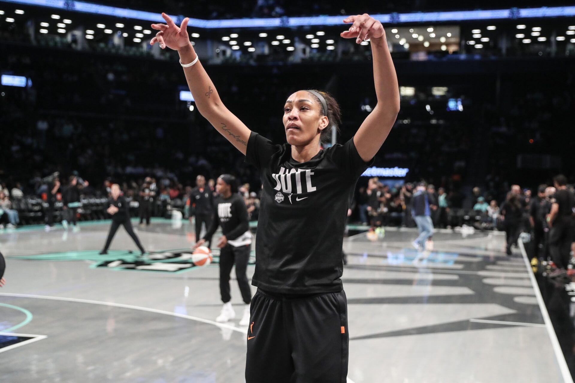 Oct 1, 2024; Brooklyn, New York, USA; Las Vegas Aces center A'ja Wilson (22) prior to game two of the 2024 WNBA Semi-finals at Barclays Center. Mandatory Credit: Wendell Cruz-Imagn Images