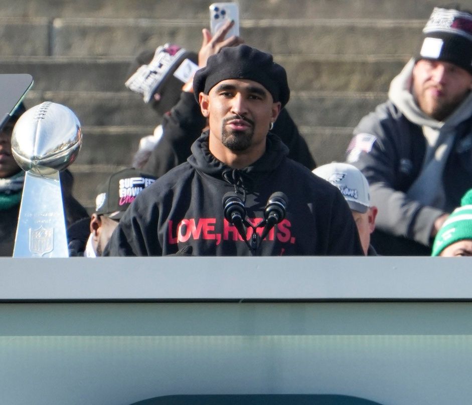 Eagles quarterback Jalen Hurts speaks during the Philadelphia Eagles Super Bowl celebration in front of the Philadelphia Museum of Art, Friday, Feb. 14, 2025.