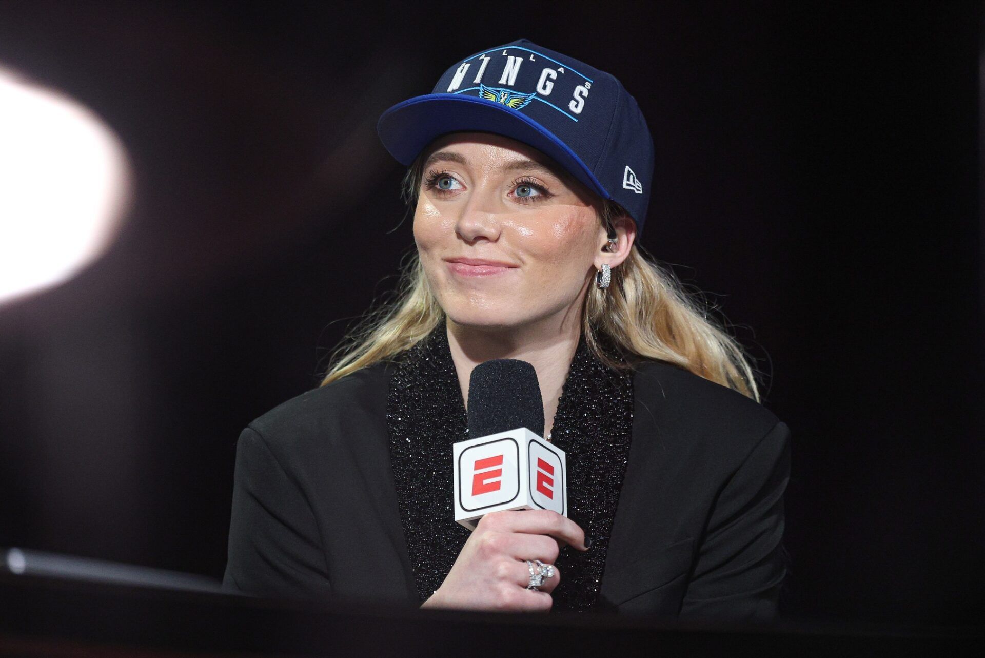 Apr 14, 2025; New York, New York, USA; Paige Bueckers is interviewed by ESPN after being selected with the number one overall pick to the Dallas Wings in the 2025 WNBA Draft at The Shed at Hudson Yards. Mandatory Credit: Vincent Carchietta-Imagn Images