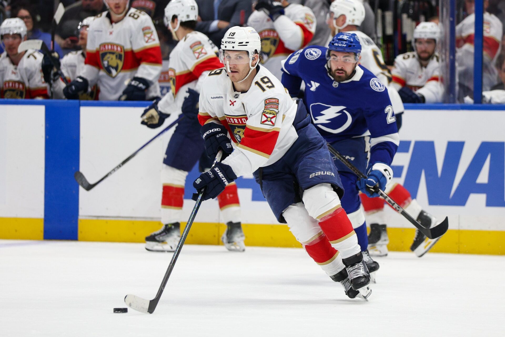 Florida Panthers left wing Matthew Tkachuk (19) controls the puck against the Tampa Bay Lightning during the third period in game two of the first round of the 2025 Stanley Cup Playoffs at Amalie Arena.