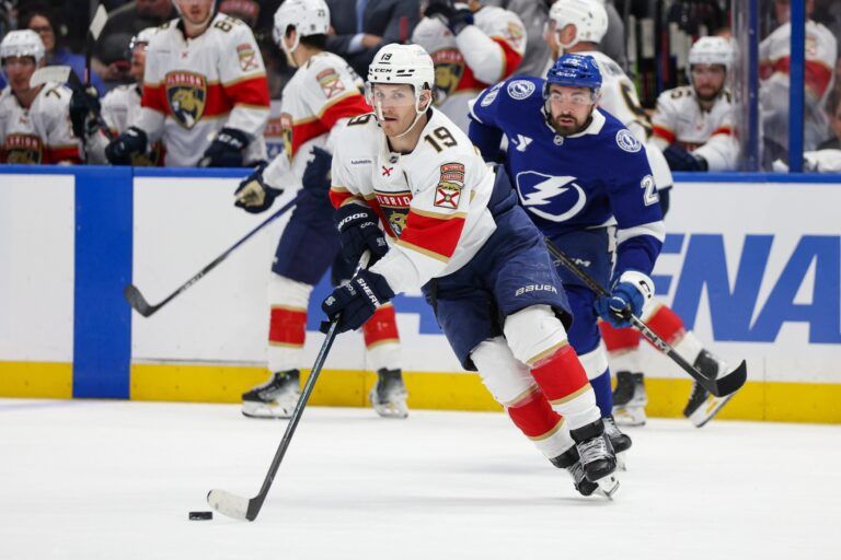 Florida Panthers left wing Matthew Tkachuk (19) controls the puck against the Tampa Bay Lightning during the third period in game two of the first round of the 2025 Stanley Cup Playoffs at Amalie Arena.