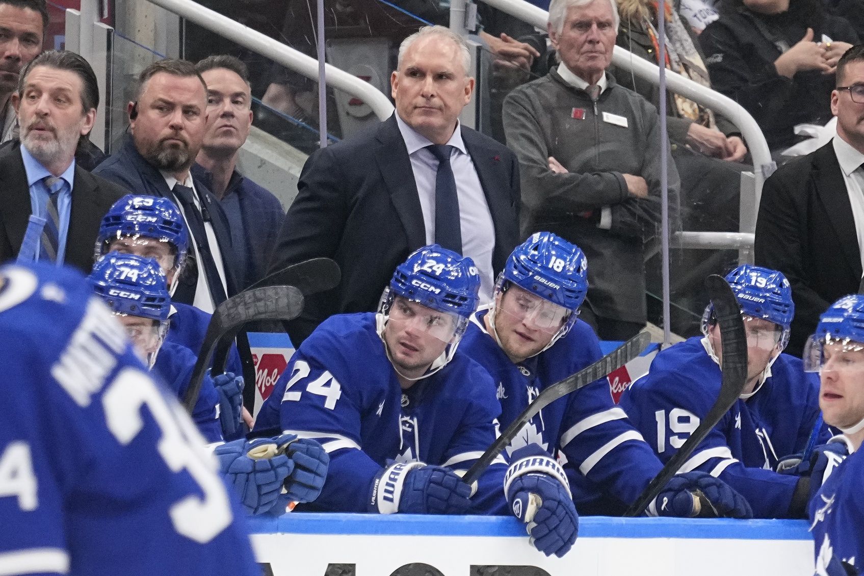 Toronto Maple Leafs head coach Craig Berube (center) watches the action during the third period of game one of the first round of the 2025 Stanley Cup Playoffs against the Ottawa Senators at Scotiabank Arena.
