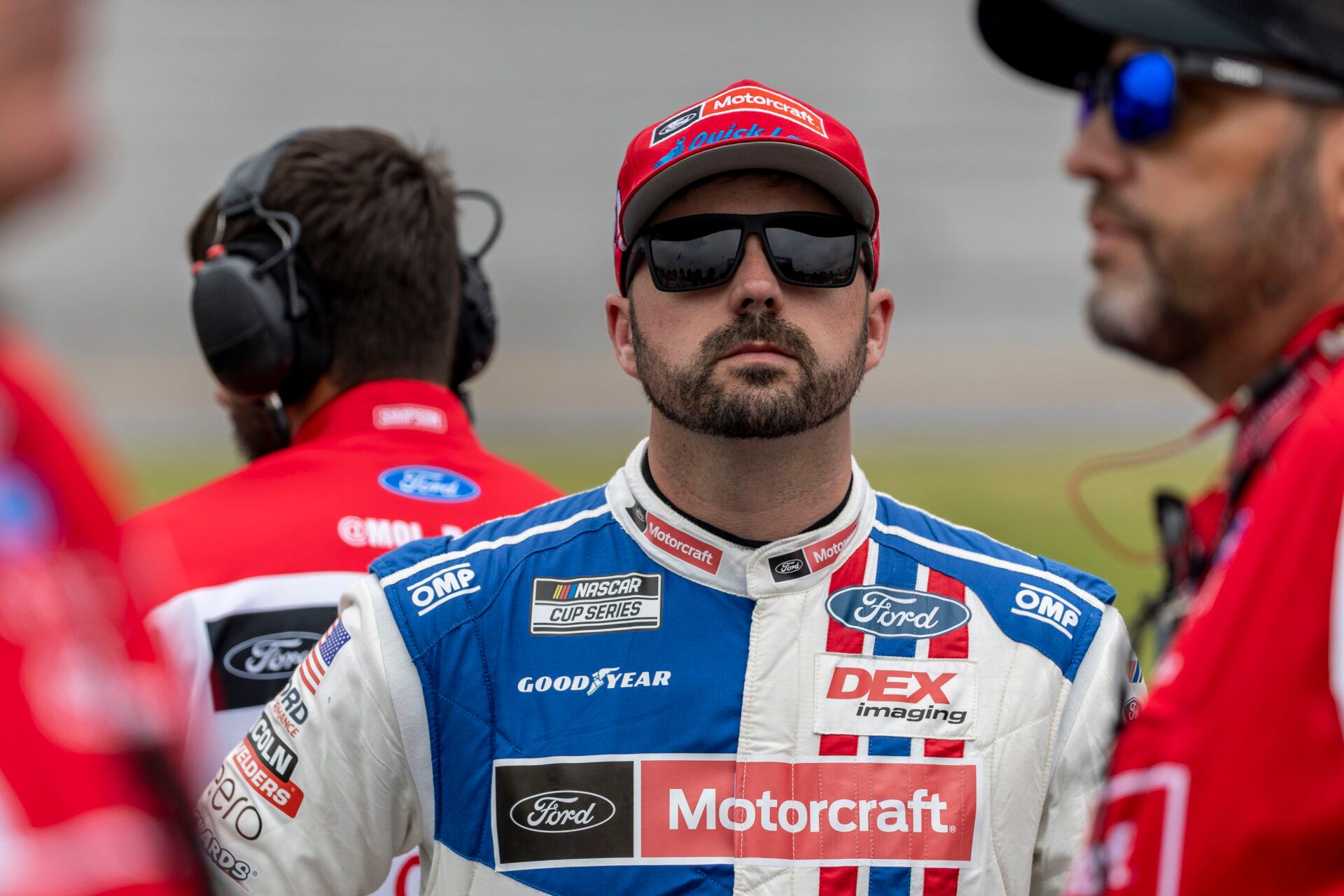 Apr 26, 2025; Talladega, Alabama, USA; NASCAR Cup Series driver Josh Berry (21) awaits his run during Jack Link's 500 qualifying at Talladega Superspeedway. Mandatory Credit: Vasha Hunt-Imagn Images