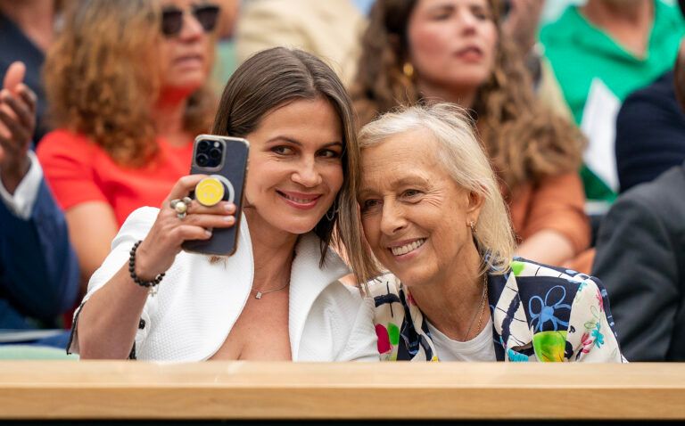 Jul 15, 2023; London, United Kingdom; Martina Navratilova and her wife, Julia Lemigova, take a selfie in the Royal Box before the Marketa Vondrousova (CZE) and Ons Jabeur (TUN) womens final match at the All England Lawn Tennis and Croquet Club. Mandatory Credit: Susan Mullane-USA TODAY Sports